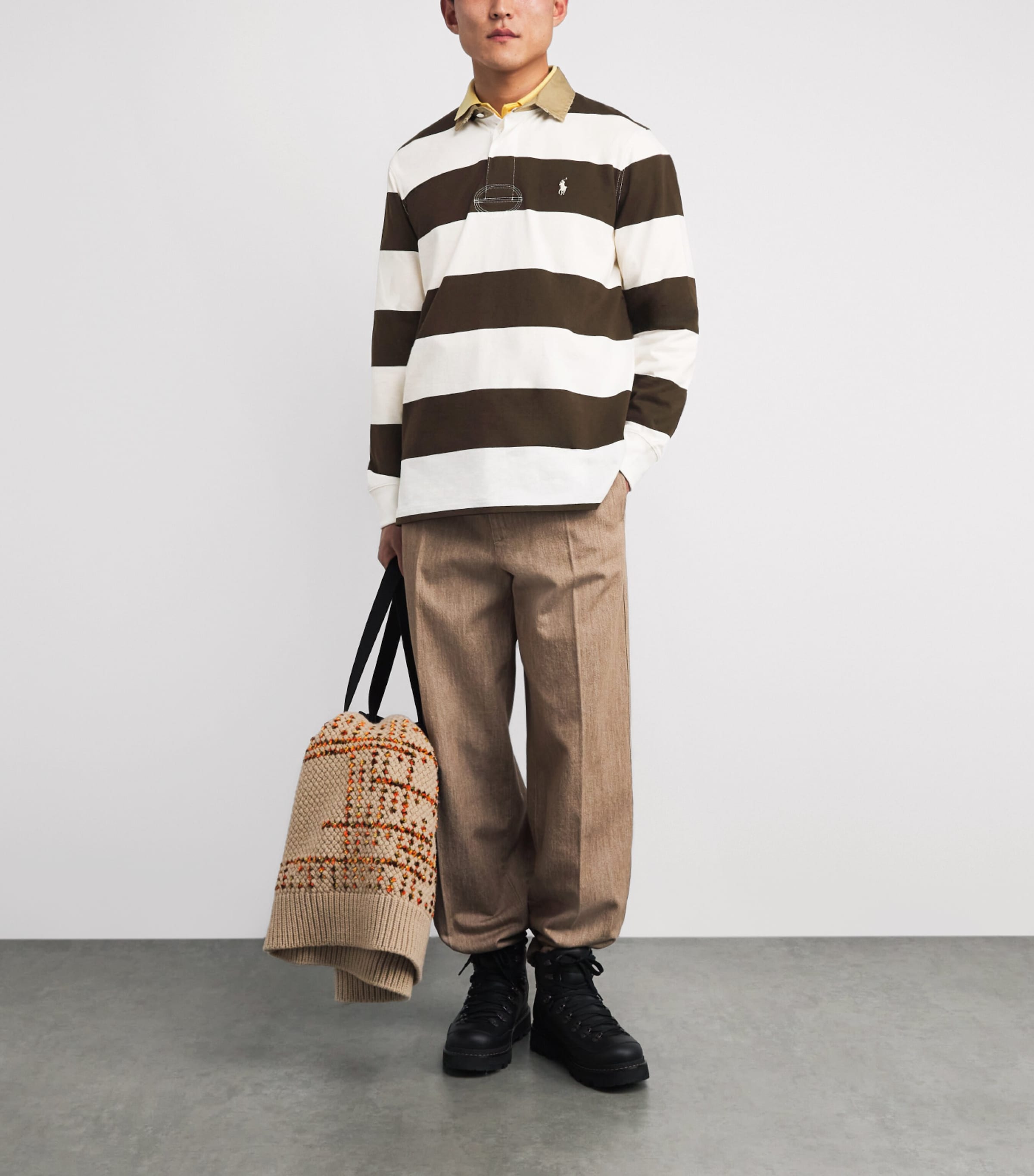 Cotton Stripe Polo Pony Rugby Shirt BROWN Image 2