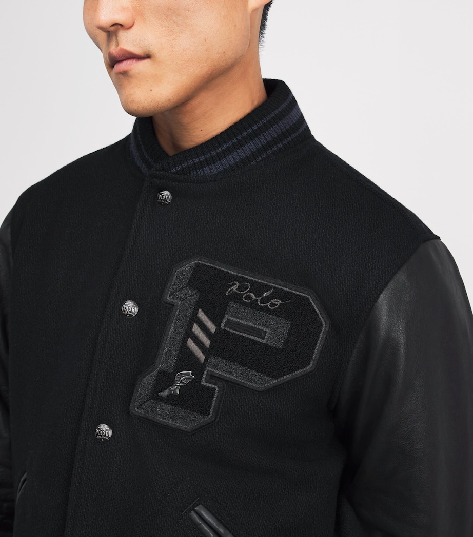 Wool-Blend Leather-Sleeve Varsity Jacket BLACK Image 6