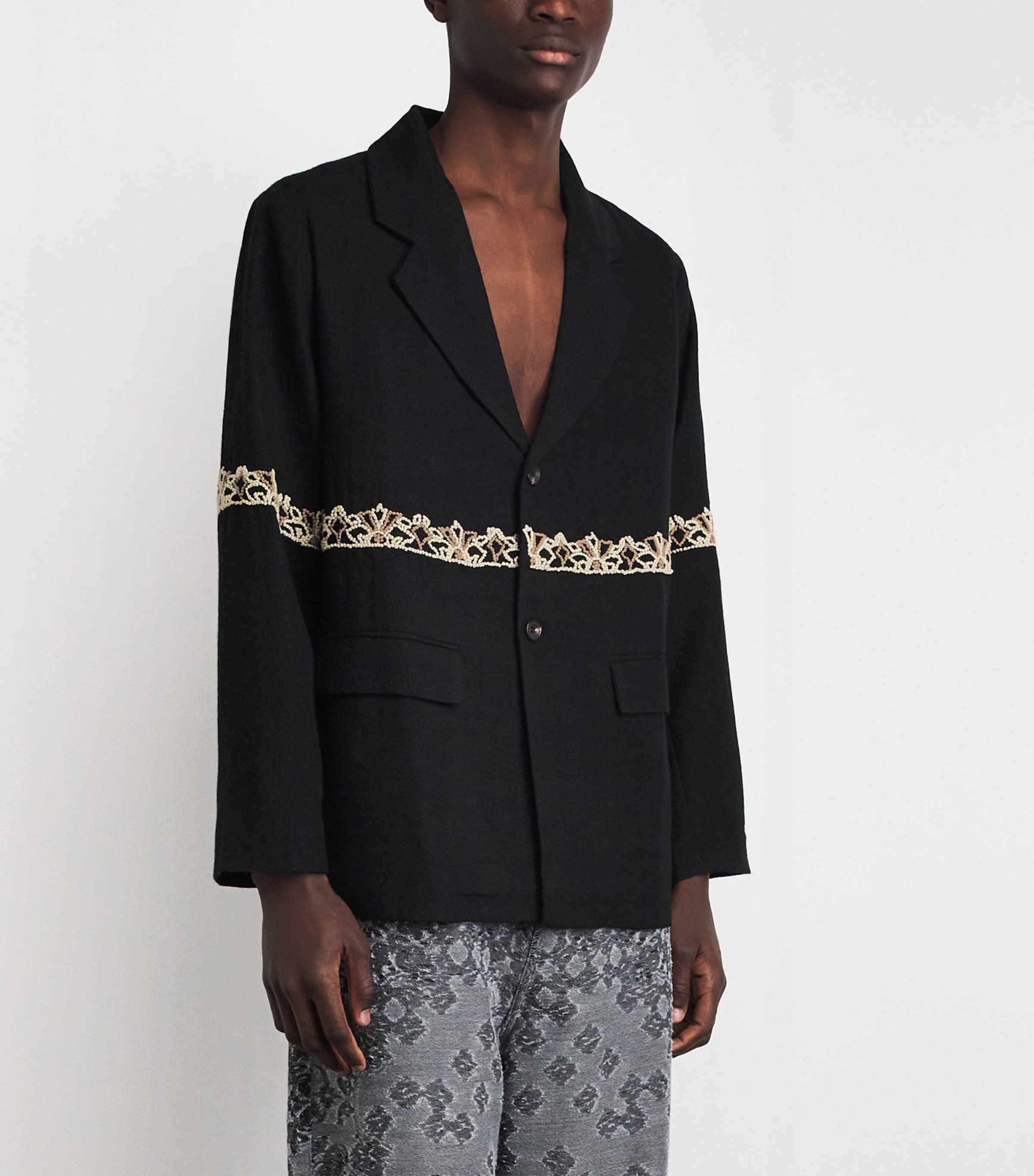 Kartik Research Mens Wool Embroidered Blazer Black/ Ecru/ Beige Image 4