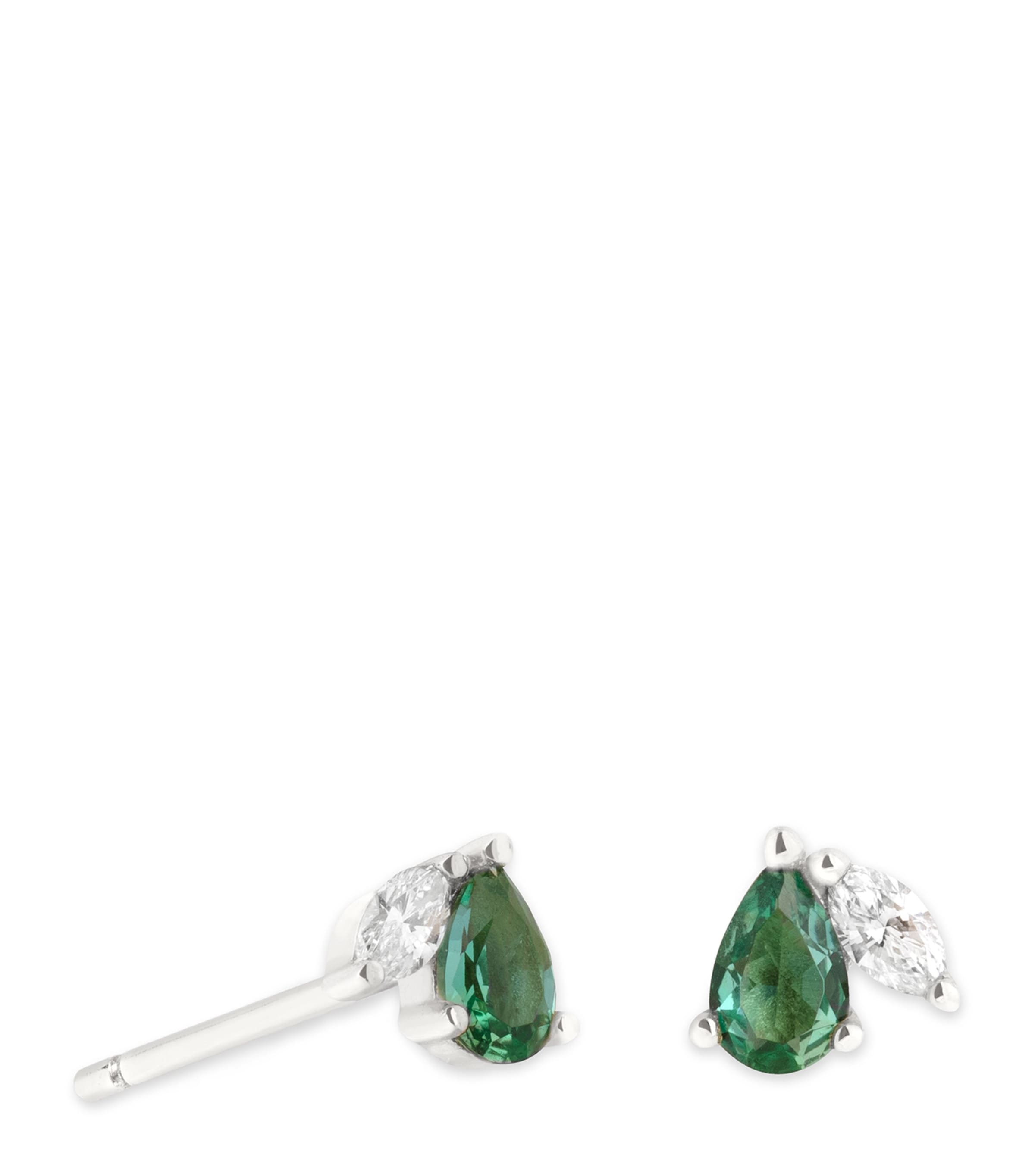 White Gold, Diamond and Emerald Stud Earrings WHITE GOLD Image 1