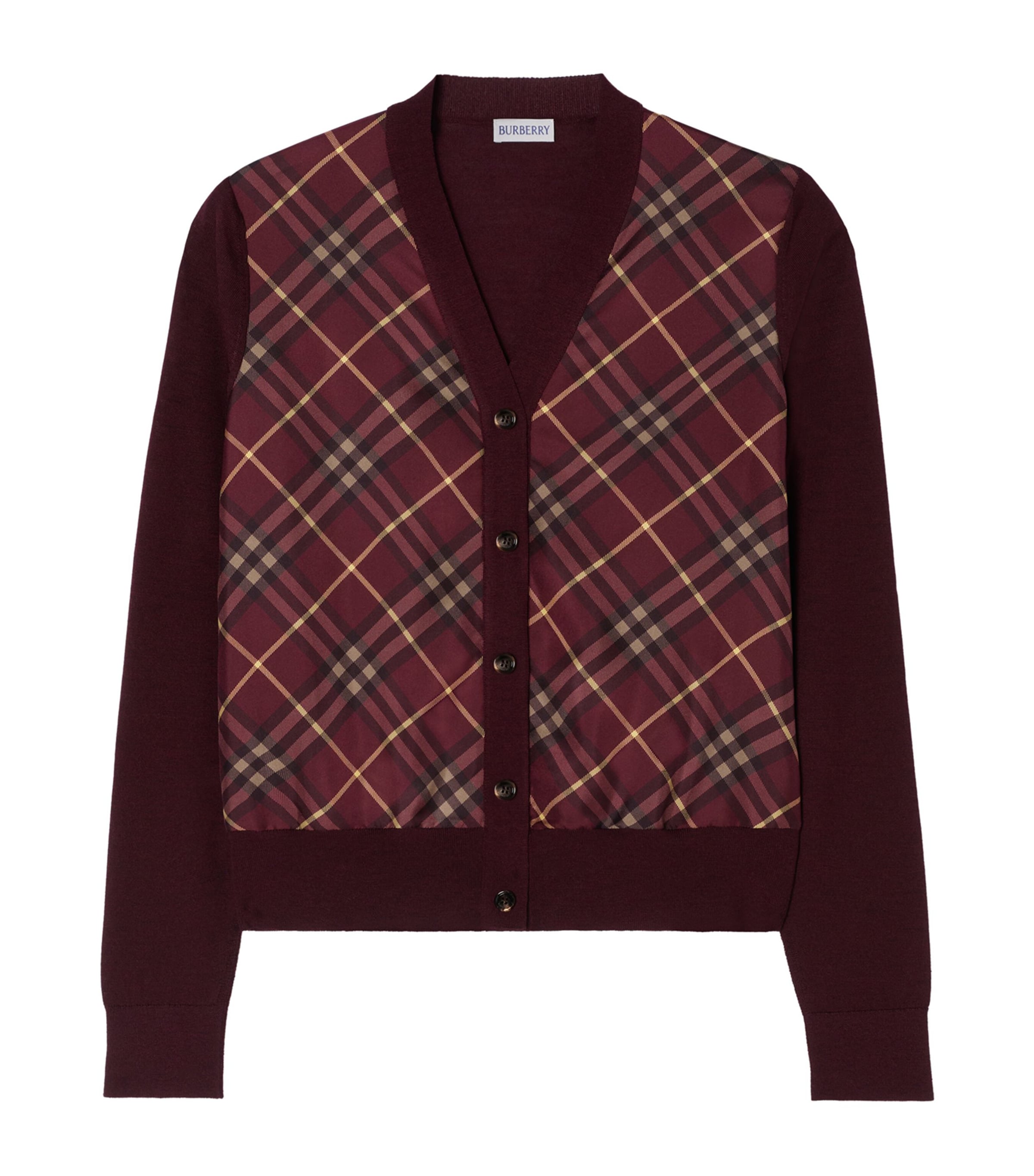 Burberry Womens Wool-Silk Check Panel Cardigan Vineyard Red Image 1