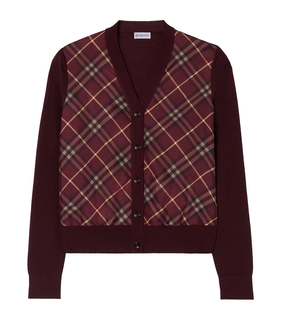 Burberry Womens Wool-Silk Check Panel Cardigan Vineyard Red Image 1