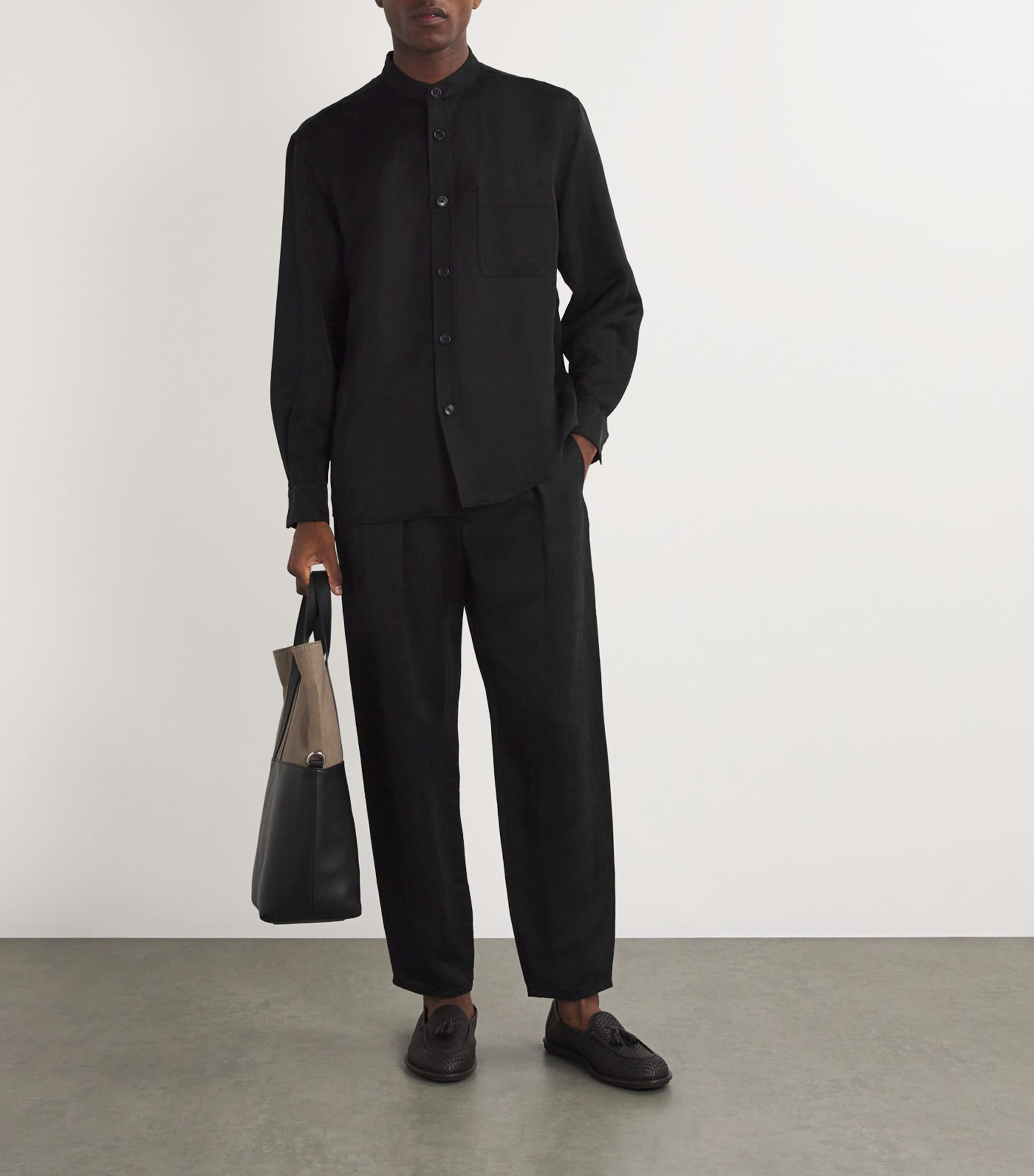 Giorgio Armani Lyocell-linen Collarless Shirt In Black