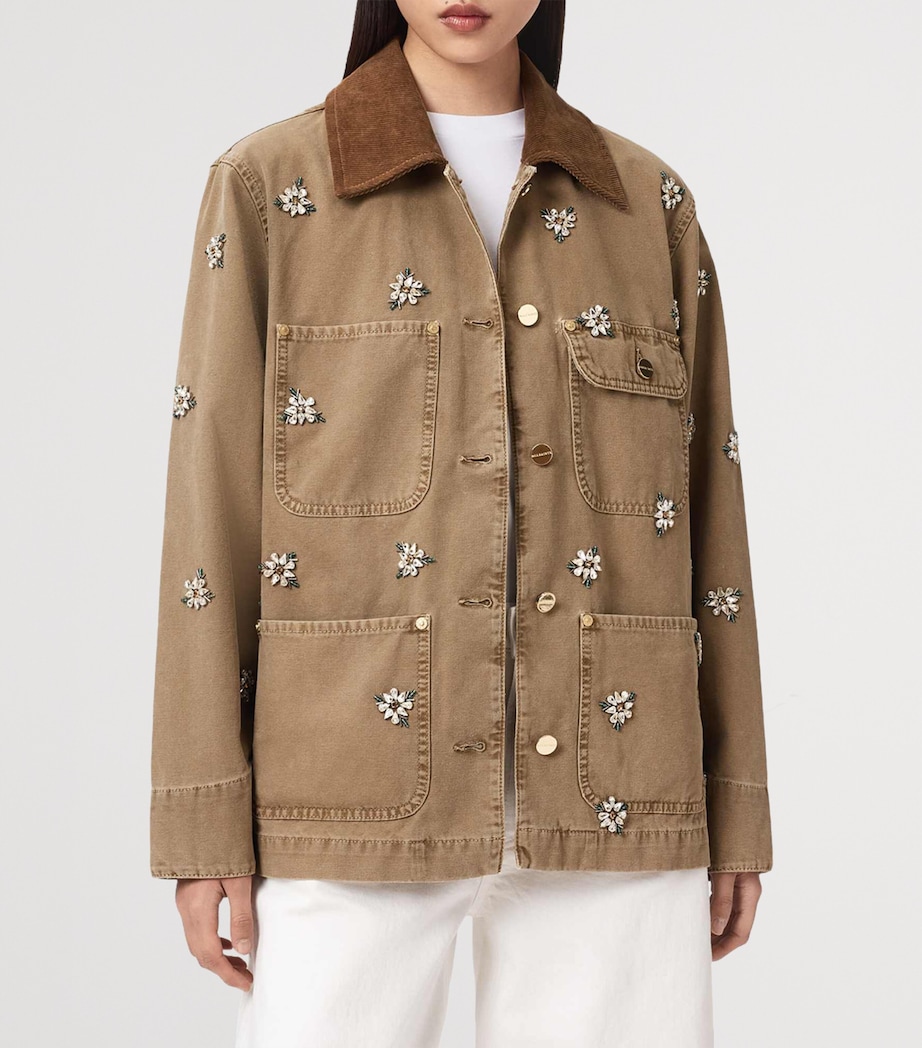 AllSaints Womens Denim Embroidered Bex Jacket Vintage Sand Brown Image 3