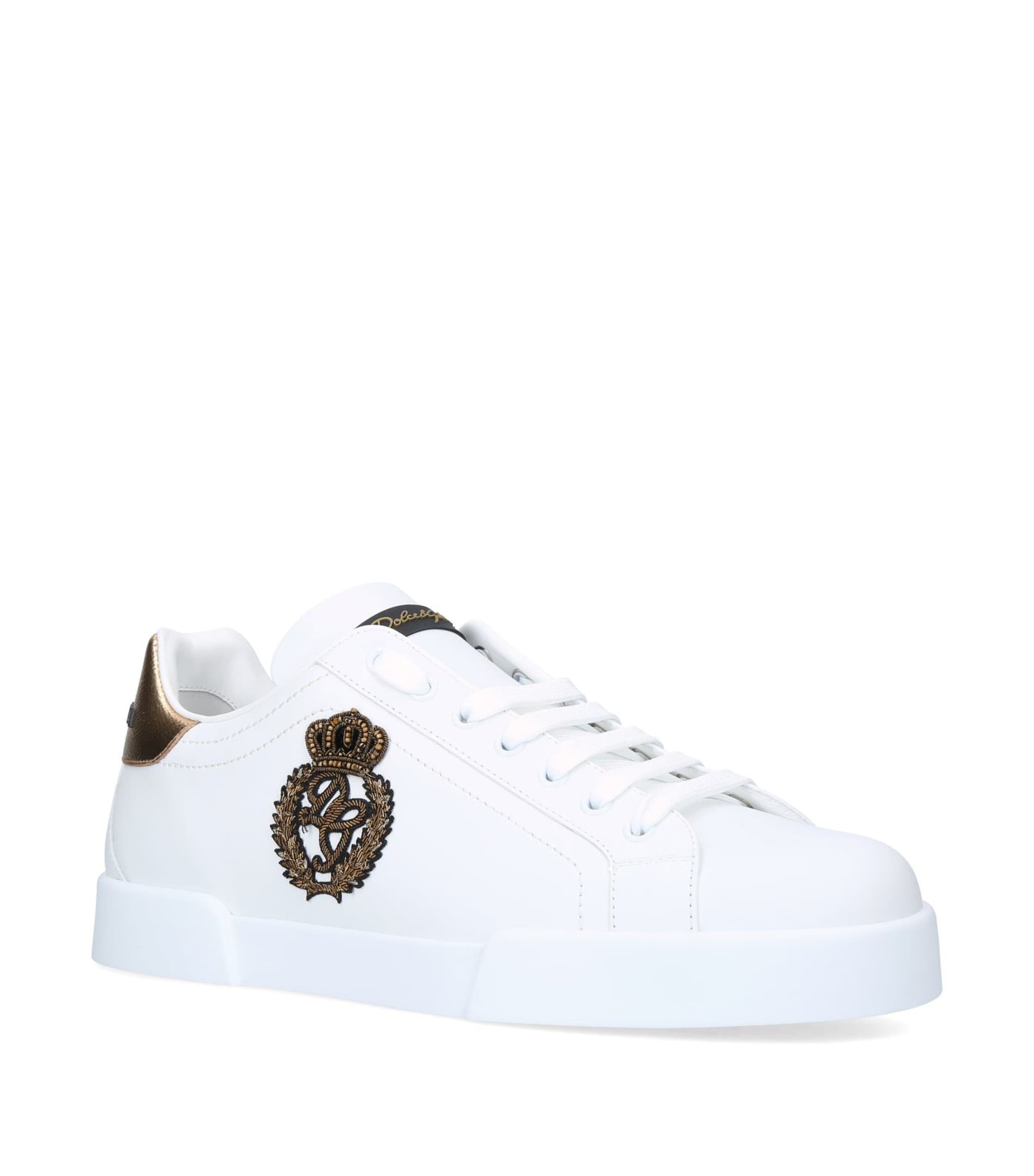 Dolce & Gabbana Leather Portofino Crown Sneakers In White