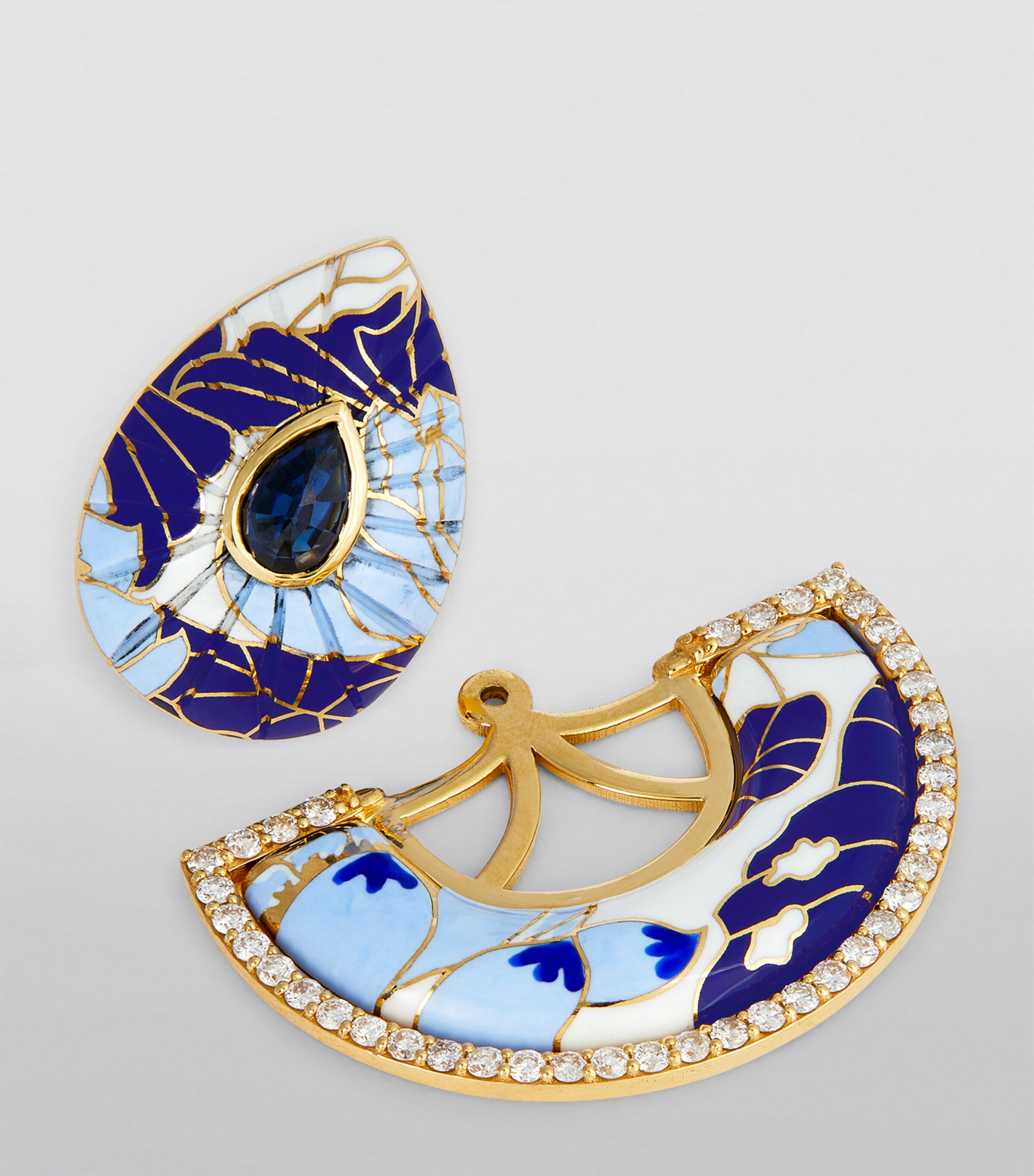 L'ATELIER NAWBAR Yellow Gold and Diamond Chinoiserie Bond Fan Earrings Blue White Image 6