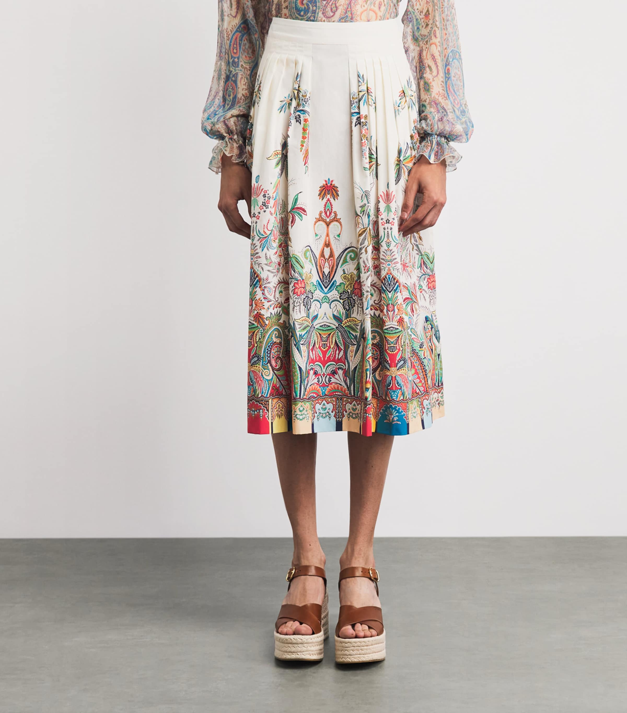 Etro Womens Cotton Paisley Pleated Midi Skirt Prnt/white Bs Image 4