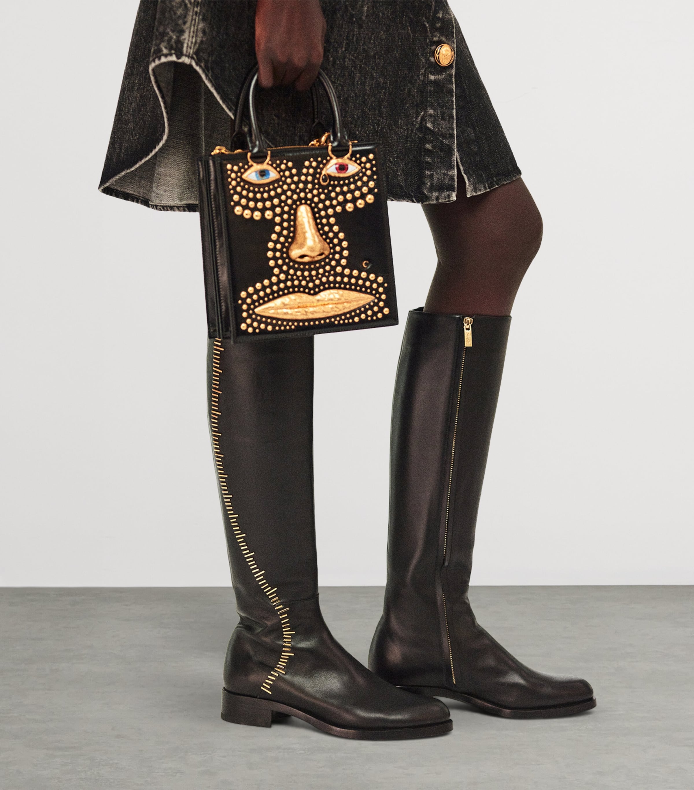 Leather Measuring Tape Knee-High Boots 999 BLACK Image 3