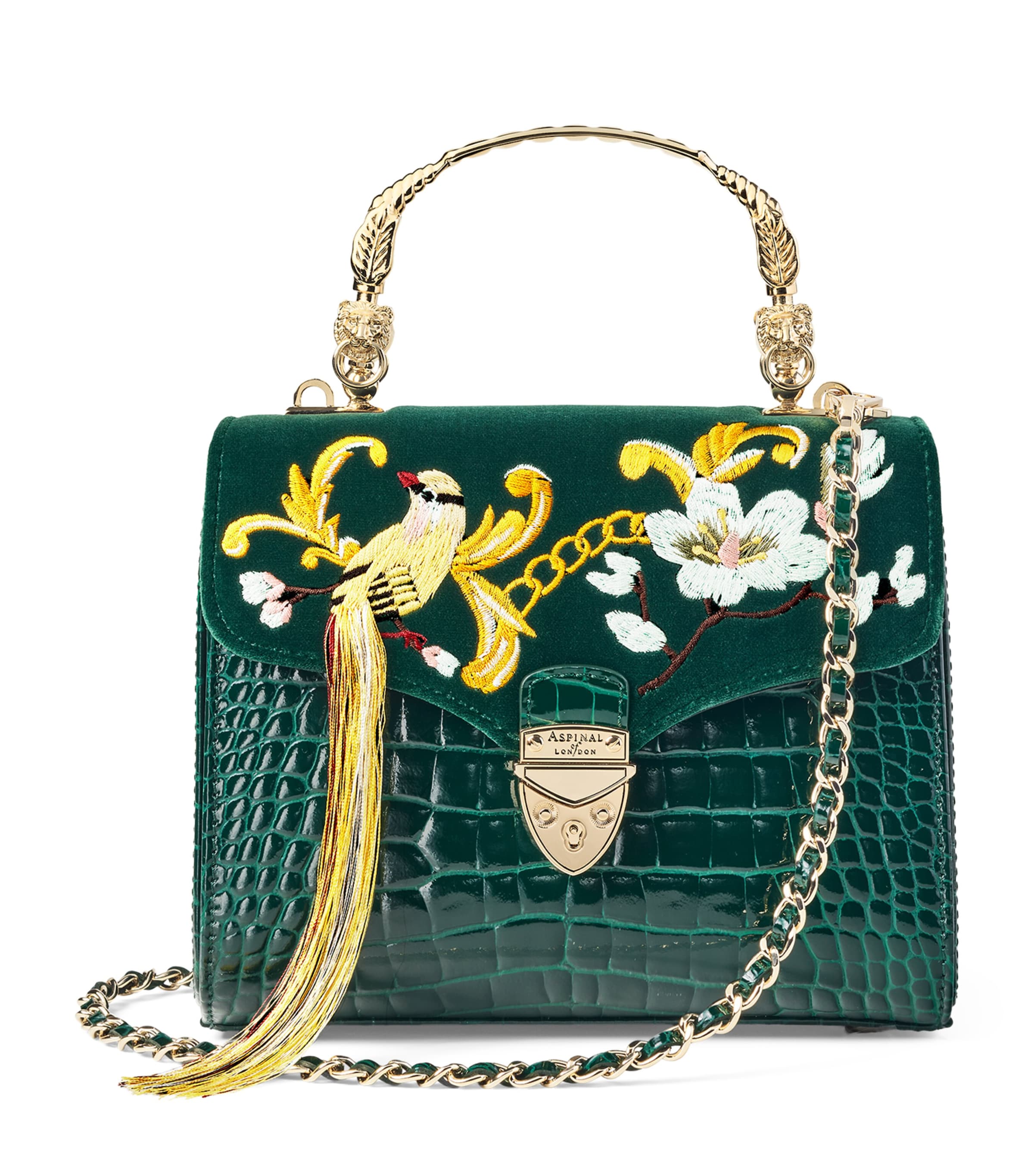 Aspinal Of London Midi Velvet Embroidered Mayfair Top-handle Bag In Green