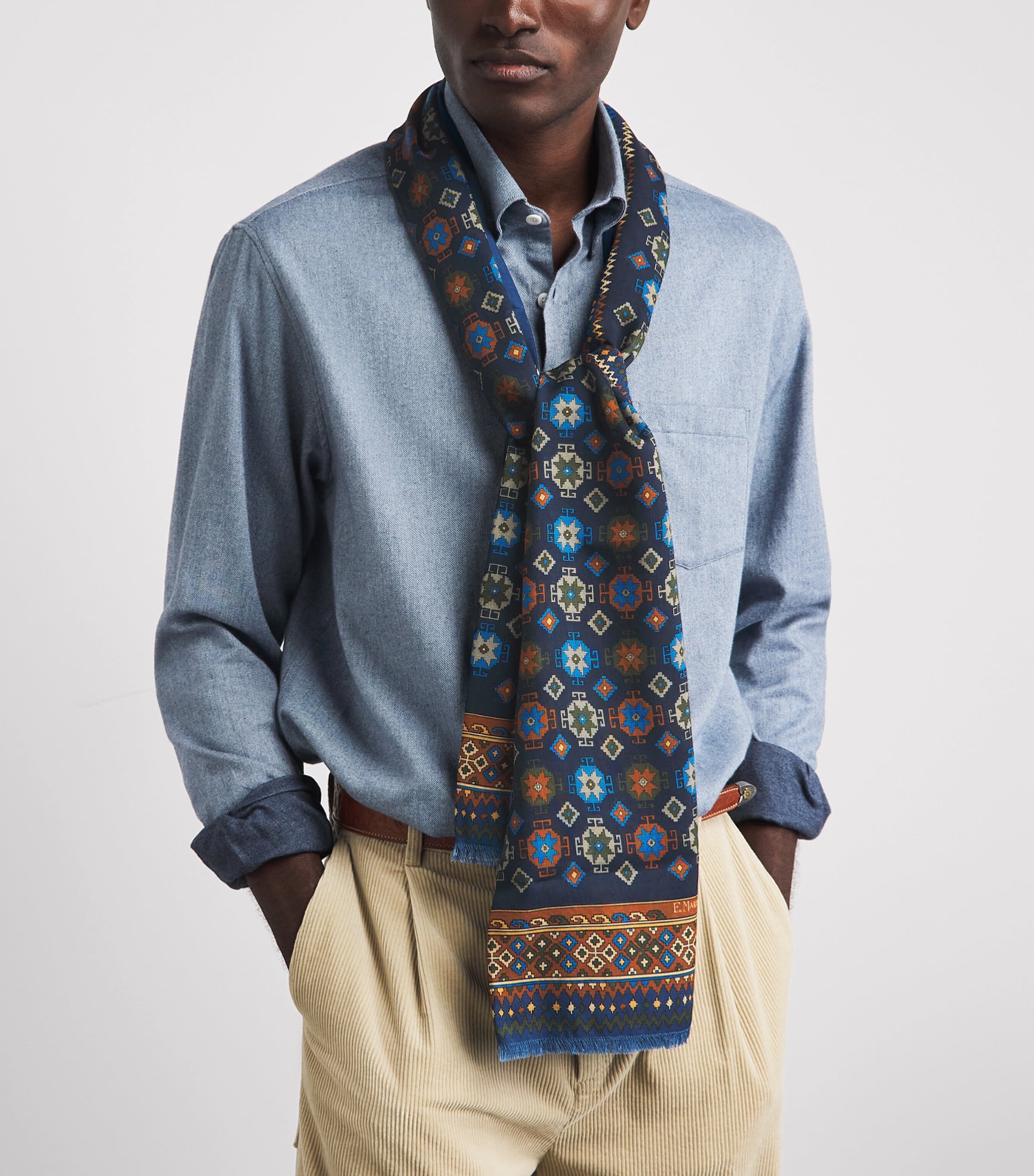 E. Marinella Wool-Silk Geometric Print Scarf Navy Image 2