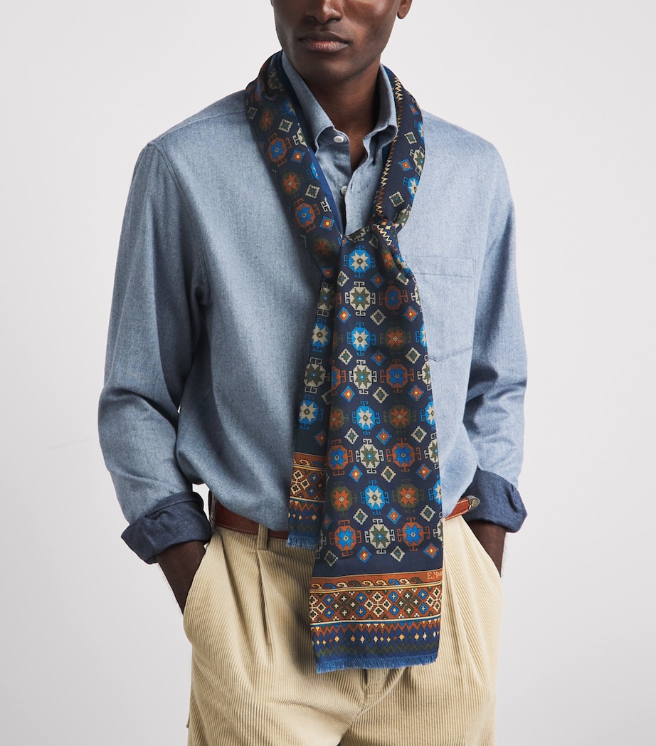 E. Marinella Wool-Silk Geometric Print Scarf Navy Image 2
