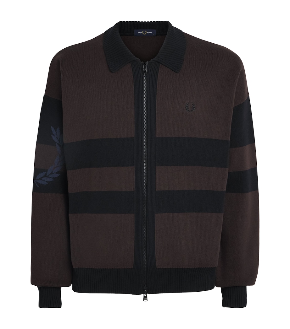 Fred Perry Mens Cotton Stripe Zip-Up Cardigan Rich Brown Image 1