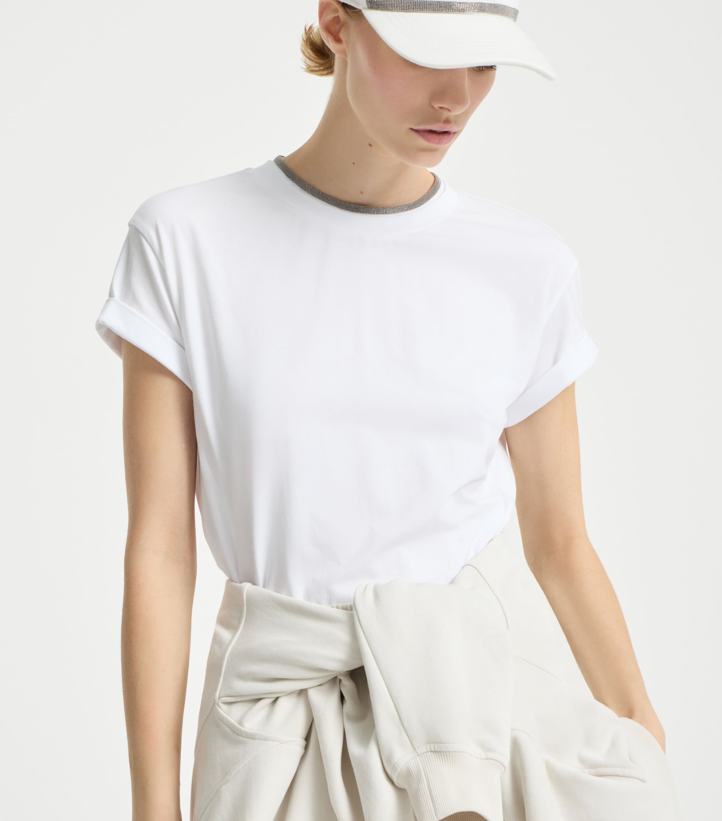 Brunello Cucinelli Womens Embellished Stretch-Cotton T-Shirt Image 4