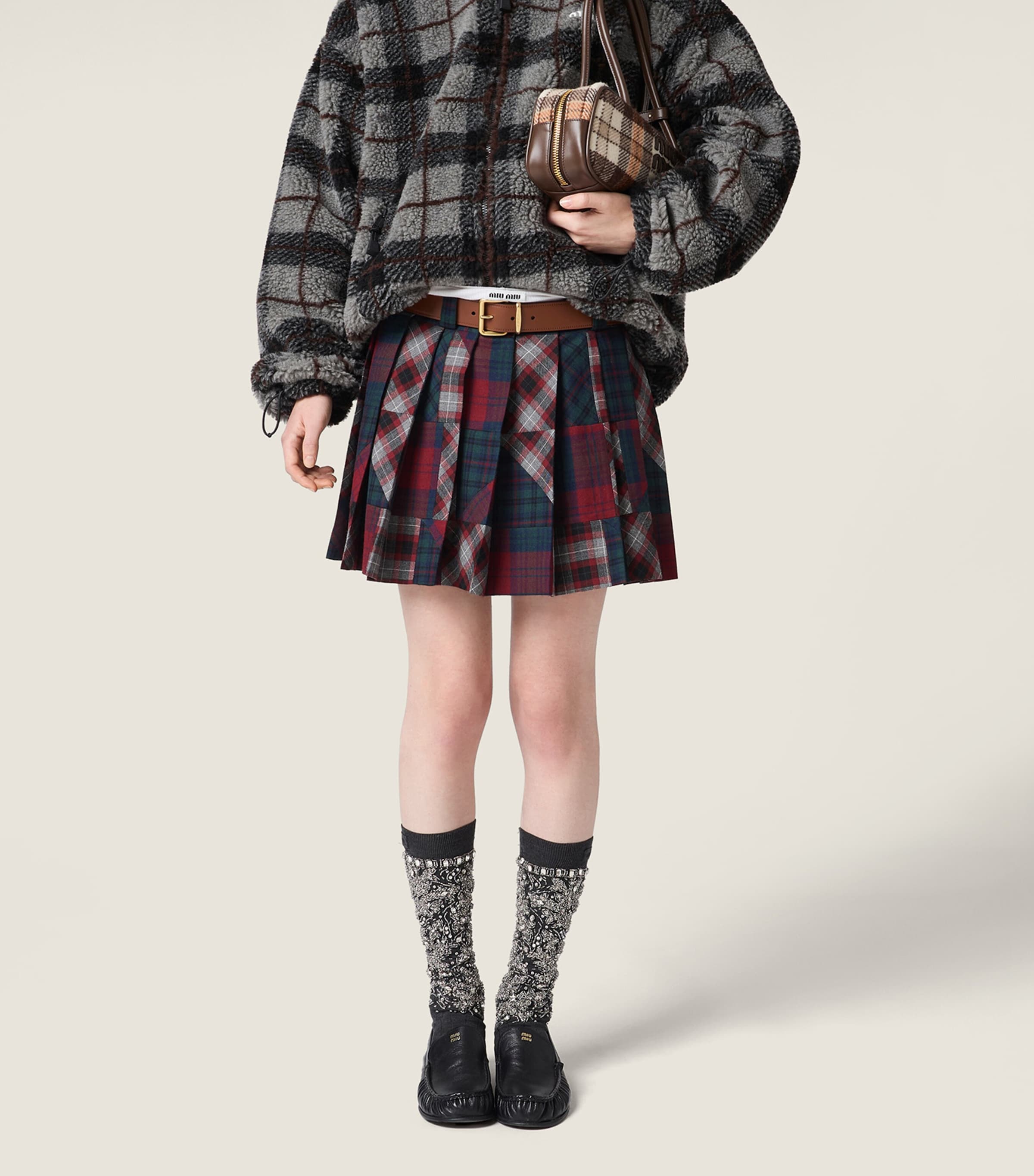 Wool Plaid Pleated Mini Skirt F0055 Image 4