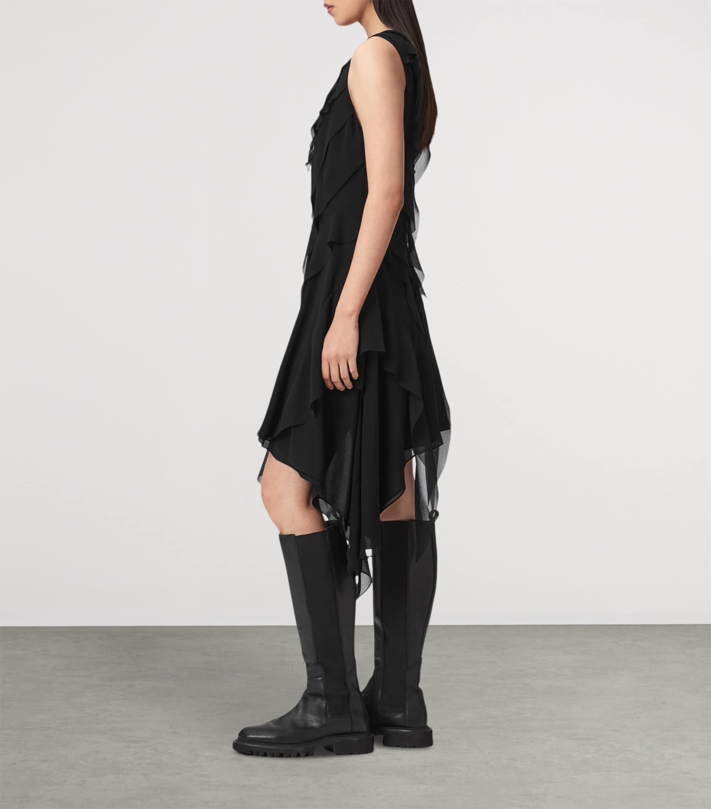 AllSaints Womens Ruffled Asymmetric Angie Midi Dress Black Image 5