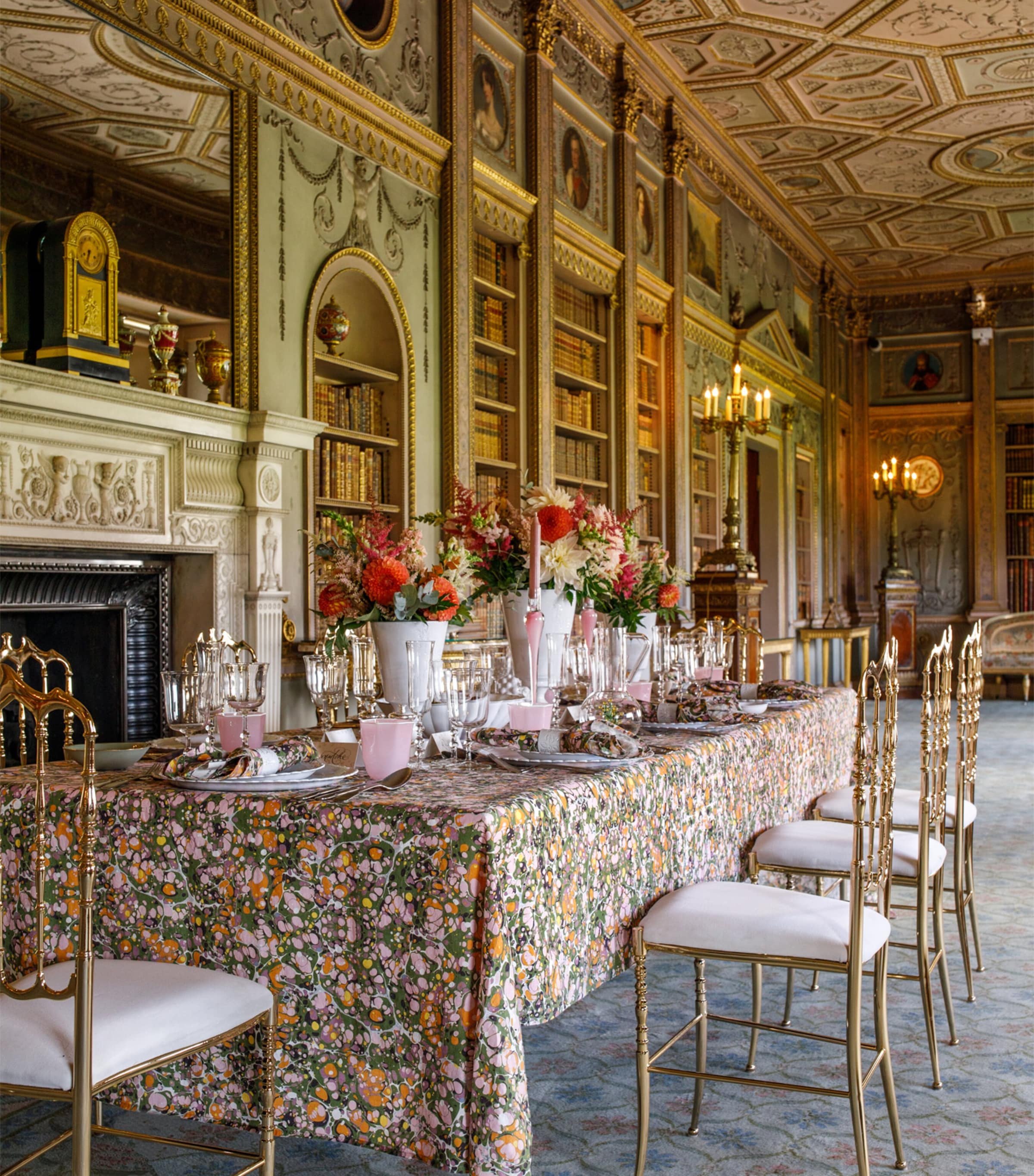 Linen Marble Tablecloth (165cm x 380cm) GREEN, PINK, ORANGE Image 4