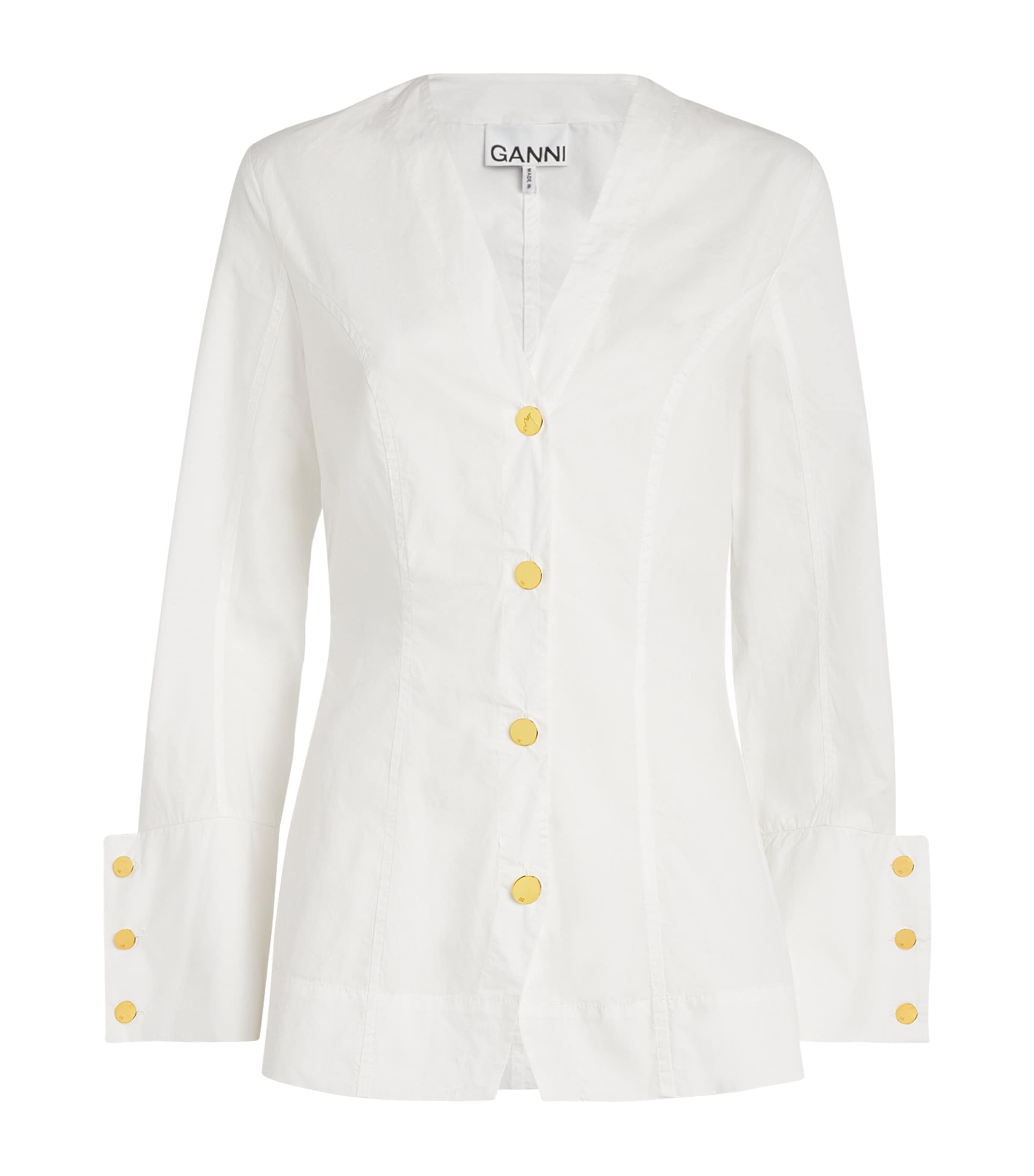 Shop Ganni Cotton Poplin V-neck Shirt In White