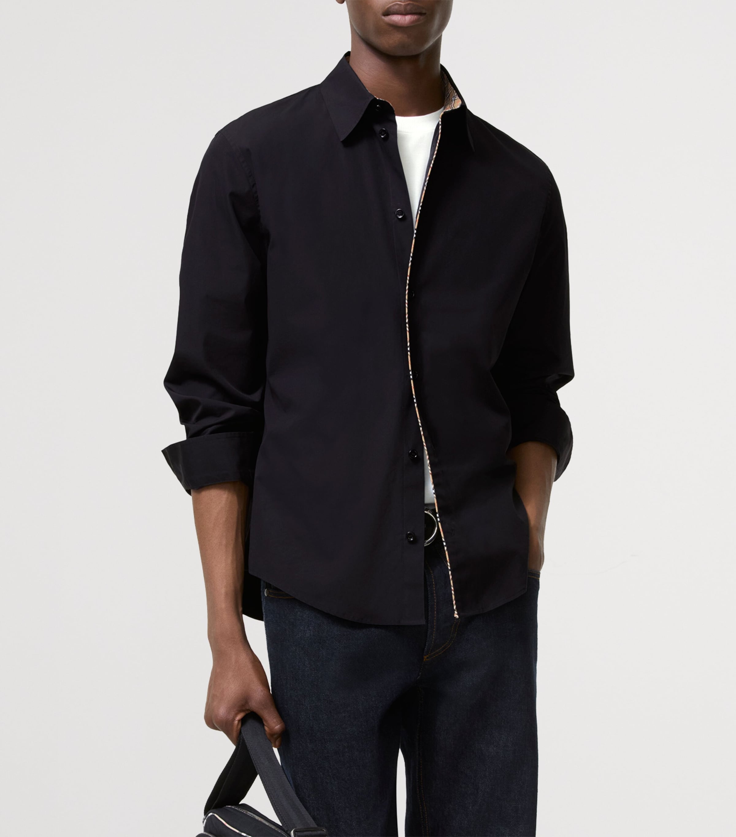 Burberry Mens Cotton Check-Trimmed Shirt Black Image 2