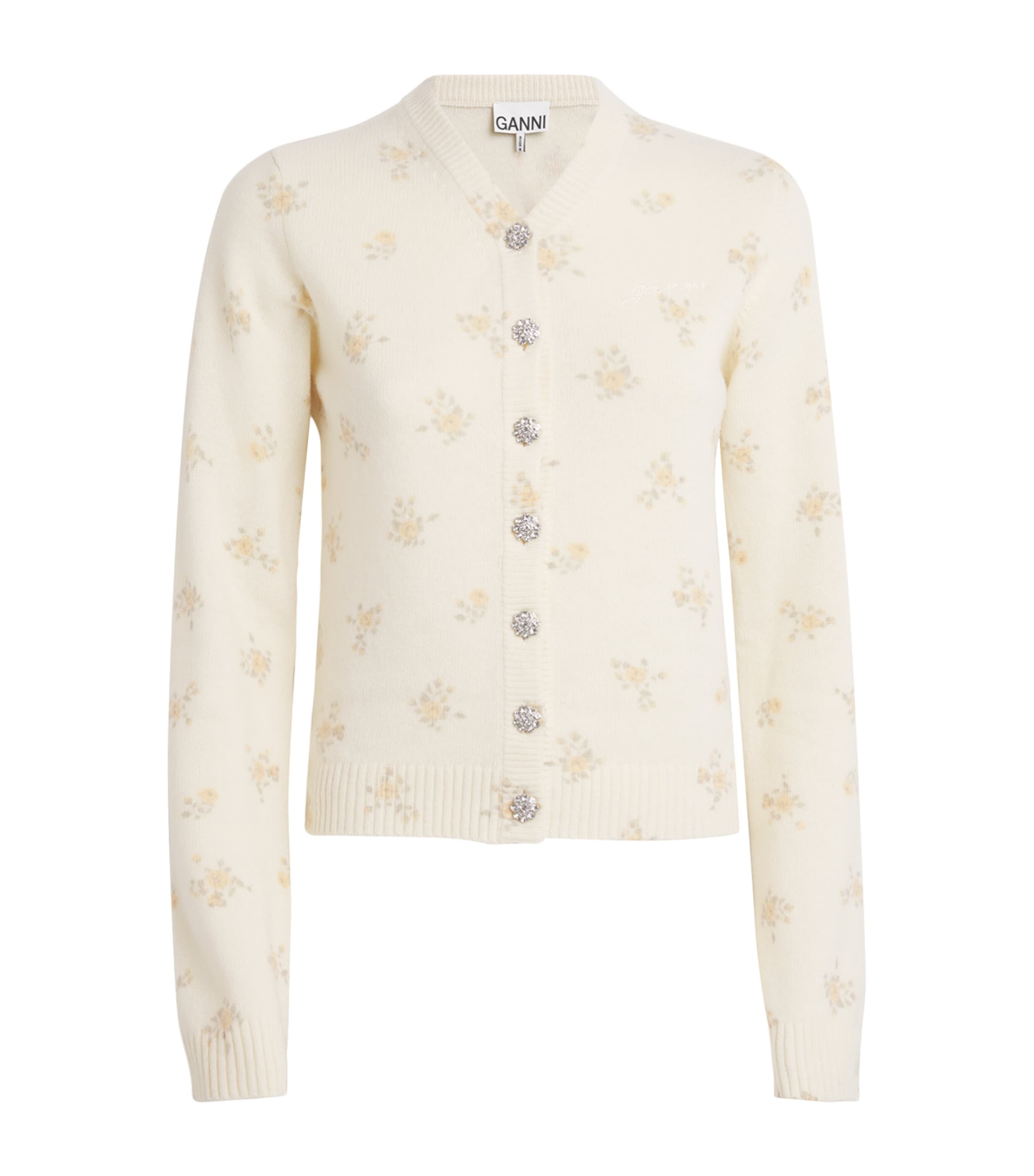 Ganni Wool-blend Floral Cardigan In White