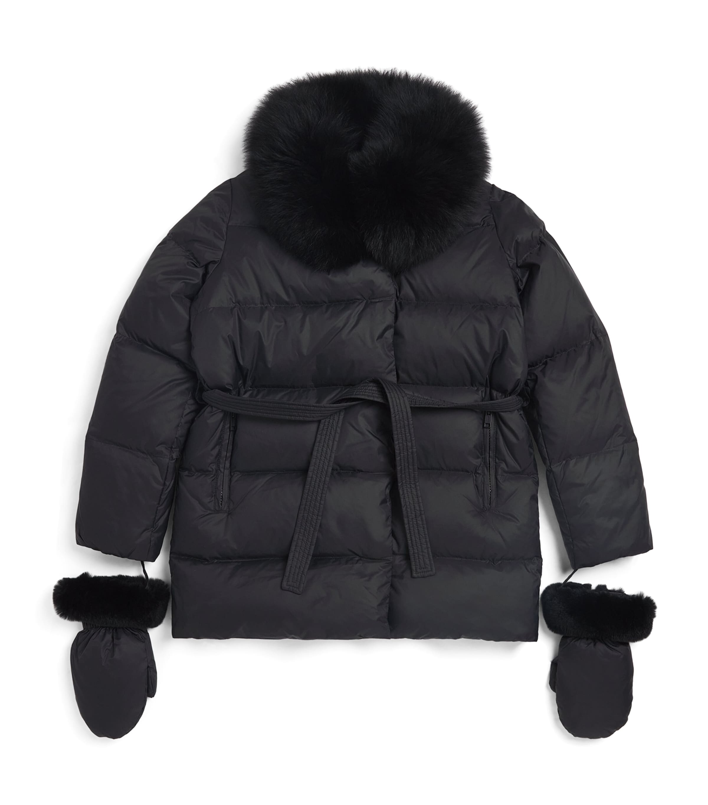 Yves Salomon Enfant Fur-trim Down Puffer Jacket With Mittens In Black