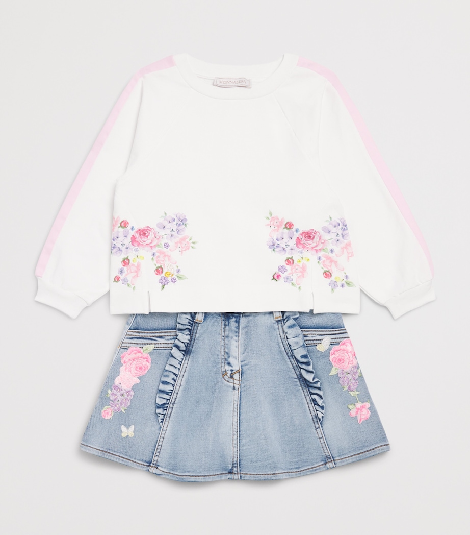 Monnalisa Denim Floral Appliqué Skirt (2-12 Years) Indigo Denim Image 3
