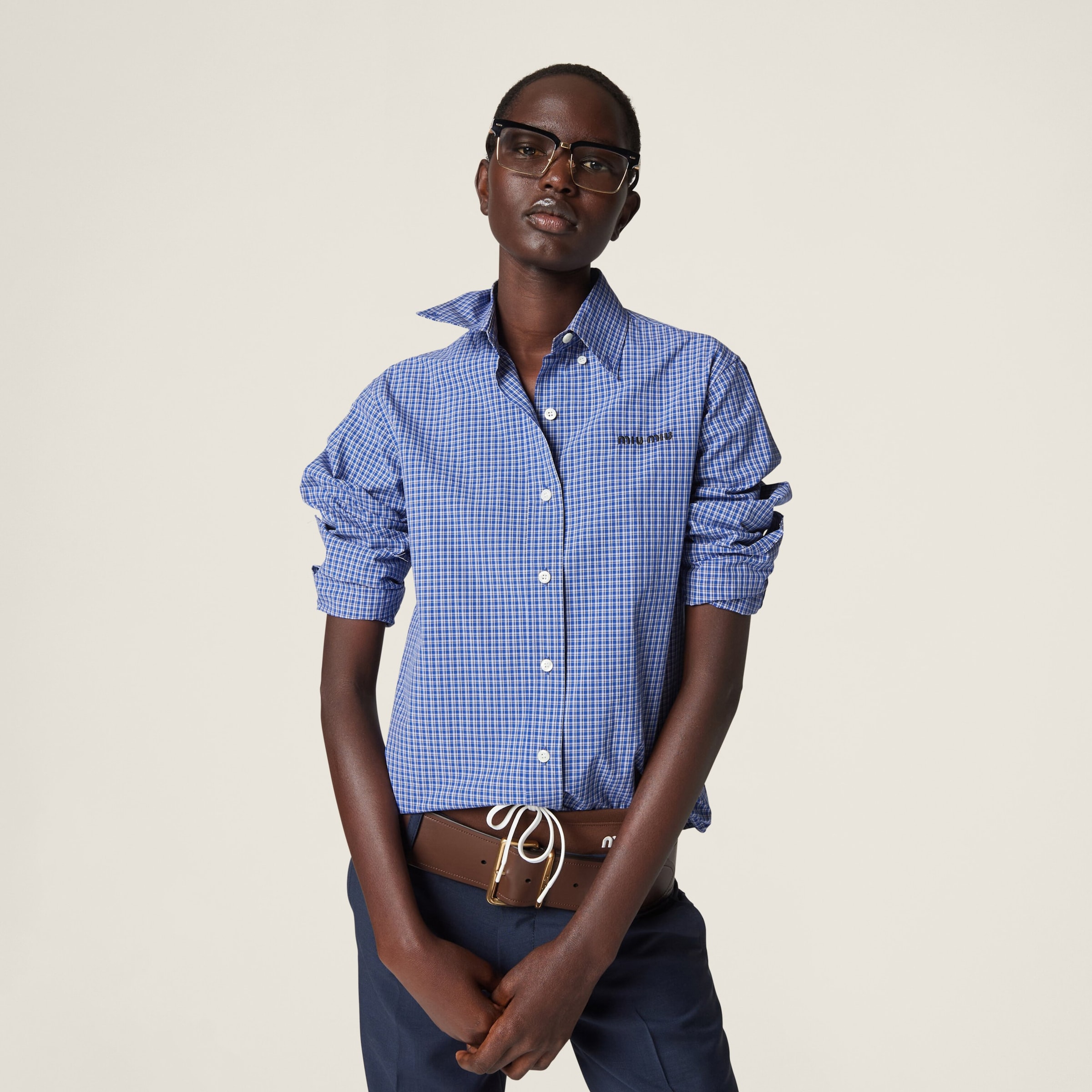 White/light Blue Gingham Check Poplin Shirt | Miu Miu