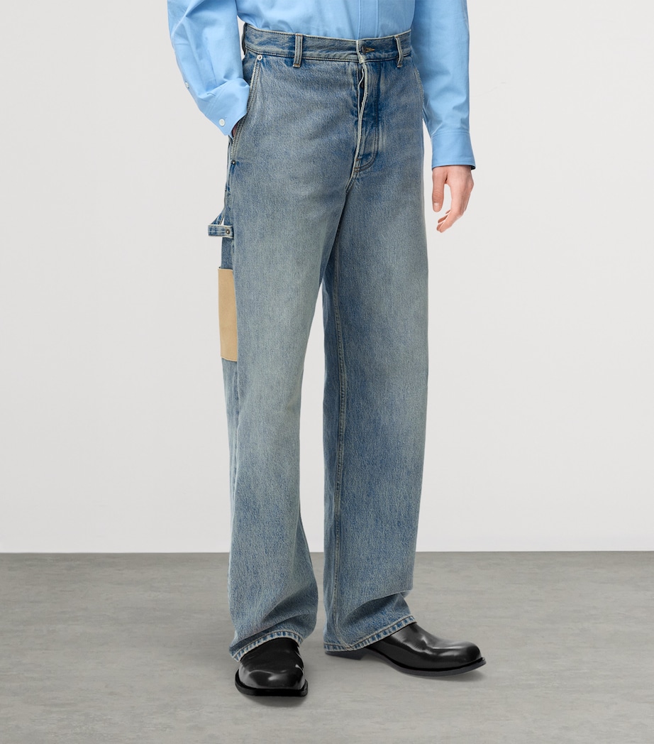 LOEWE Mens Suede-Trim Straight Jeans Washed Denim Image 3