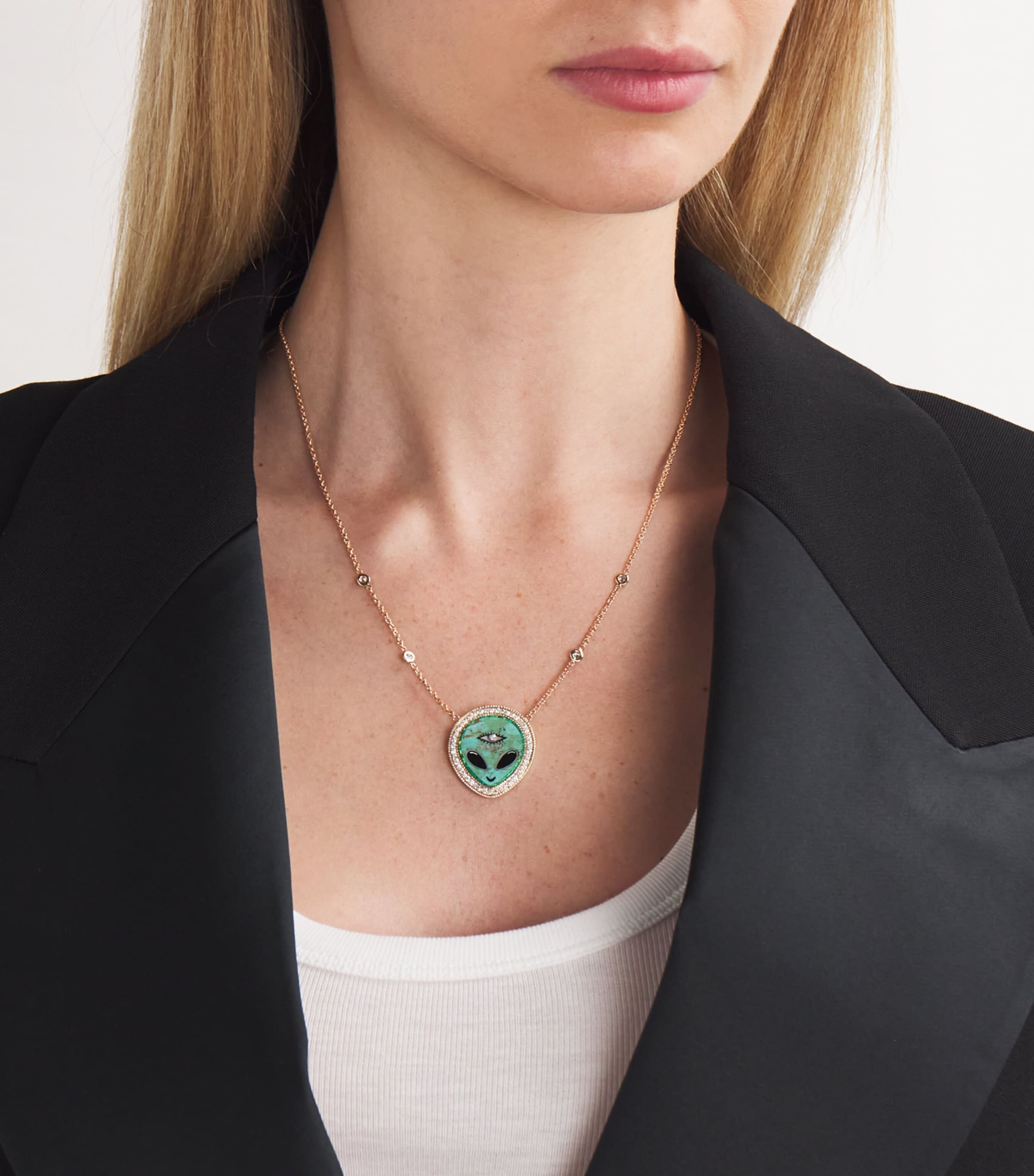 Small Yellow Gold, Diamond, Turquoise and Onyx Inlay Necklace YELLOW GOLD Image 2