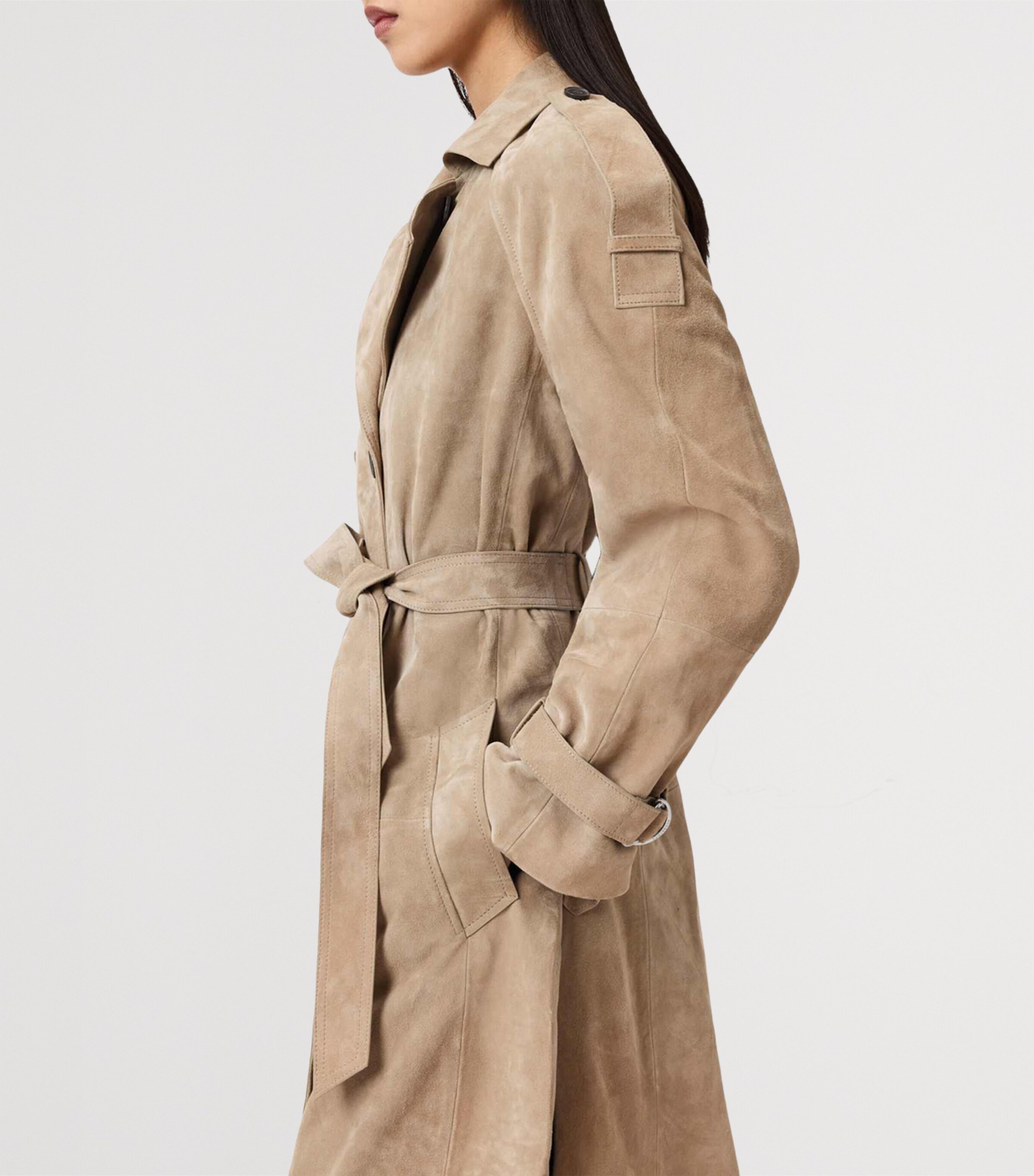 AllSaints Womens Suede Reed Trench Coat Taupe Brown Image 8