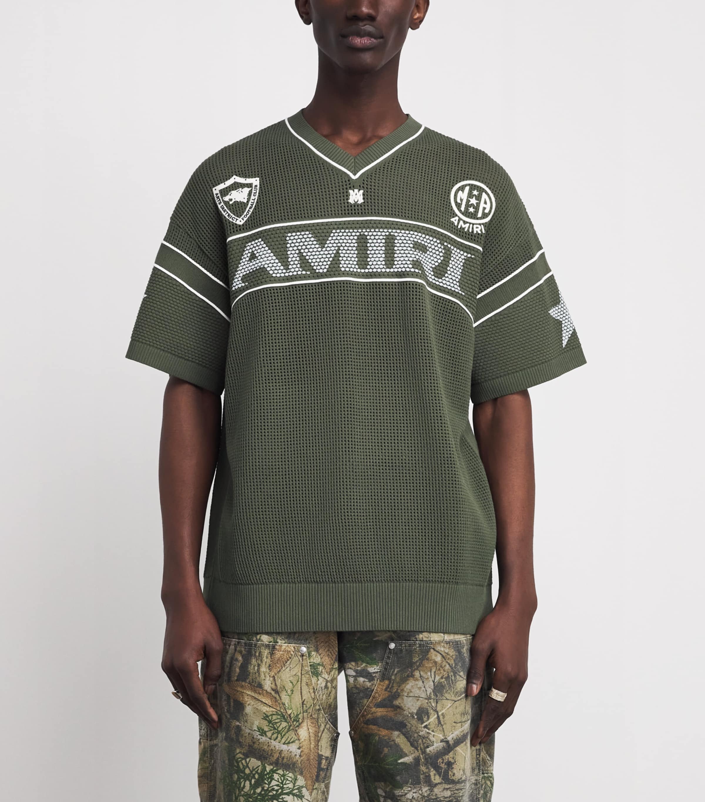 AMIRI Mens Technical Knitted Logo Oversized T-Shirt Dark Sage Image 3