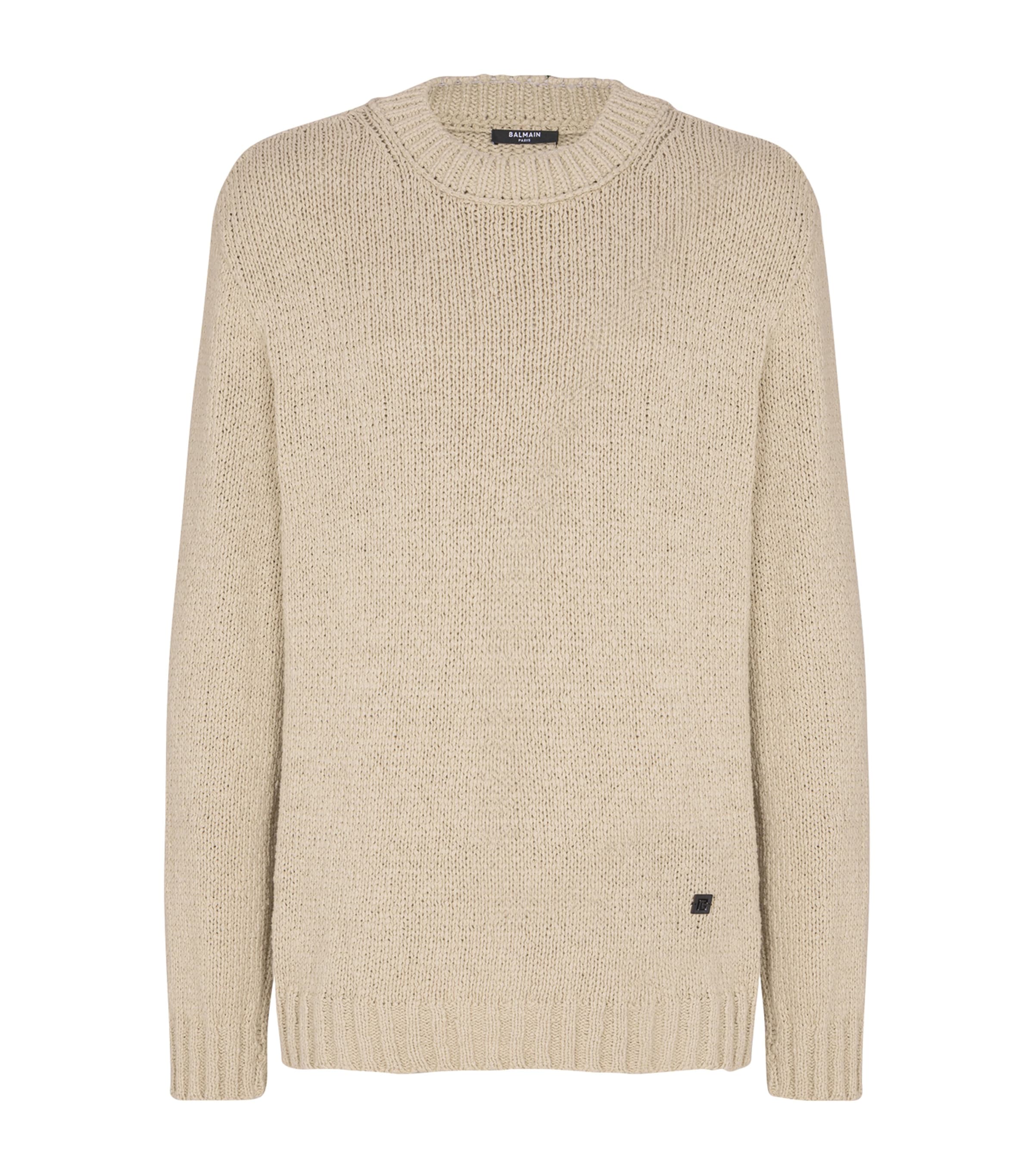 Balmain Mens Cotton Crew-Neck Sweater Beige Foncé Image 1
