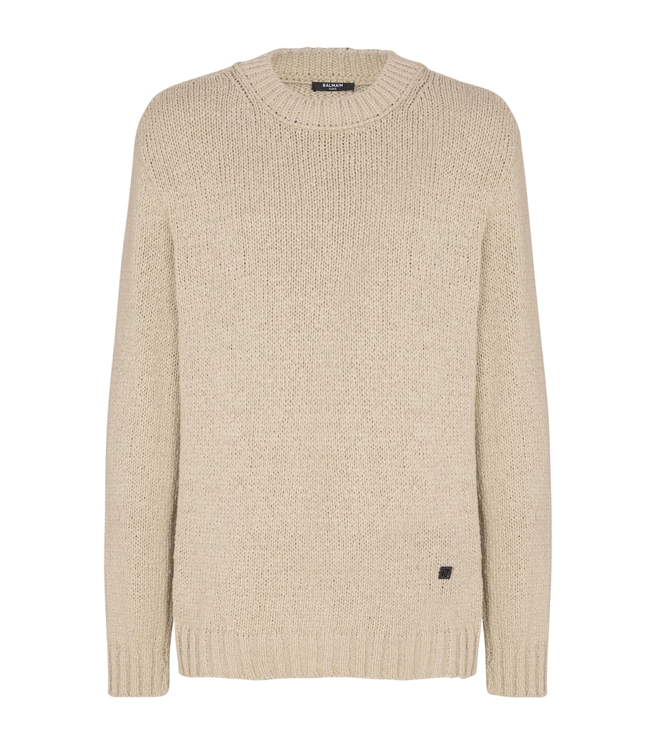 Balmain Mens Cotton Crew-Neck Sweater Beige Foncé Image 1