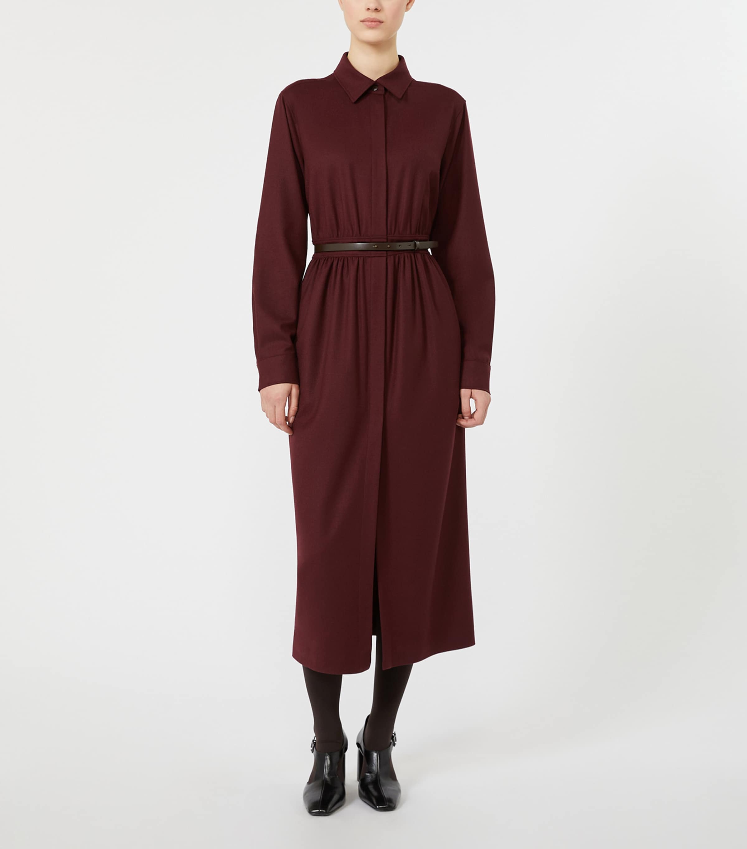 Max Mara Womens Stretch-Virgin Wool Belted Shirt Dress Wine Coloured Image 3