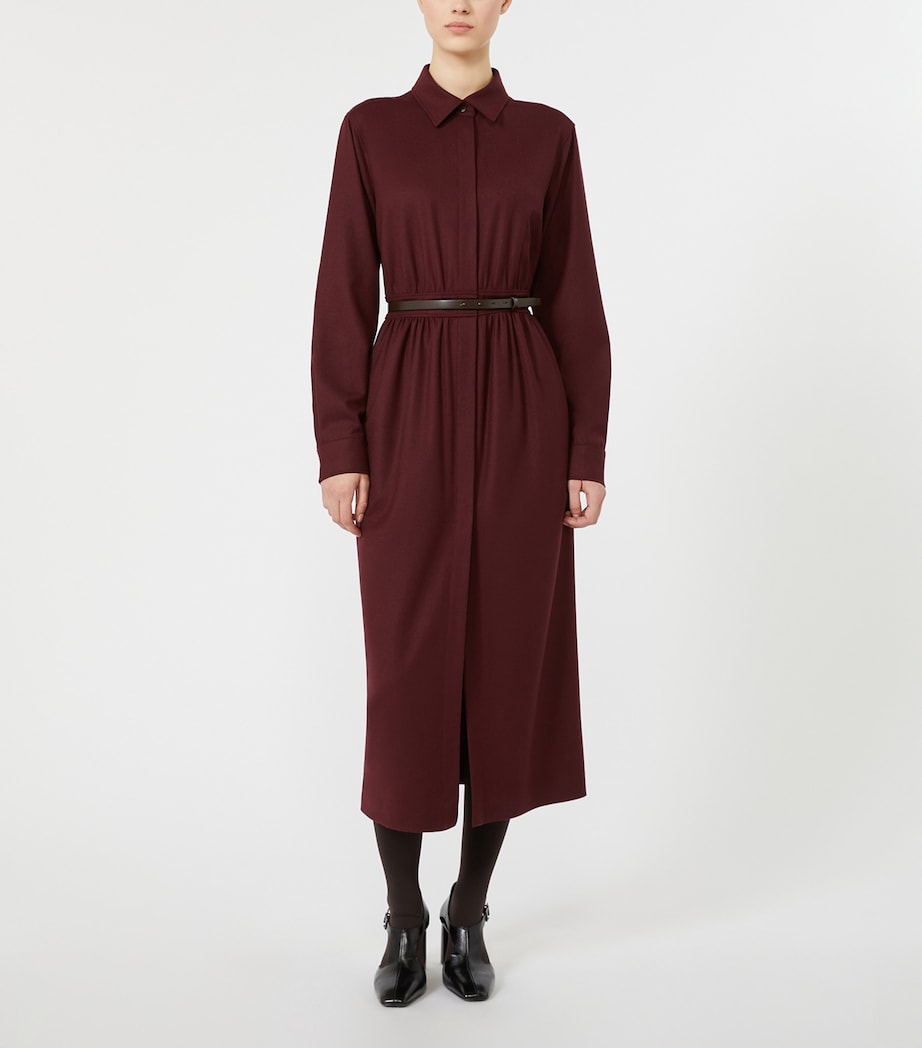 Max Mara Womens Stretch-Virgin Wool Belted Shirt Dress Wine Coloured Image 3