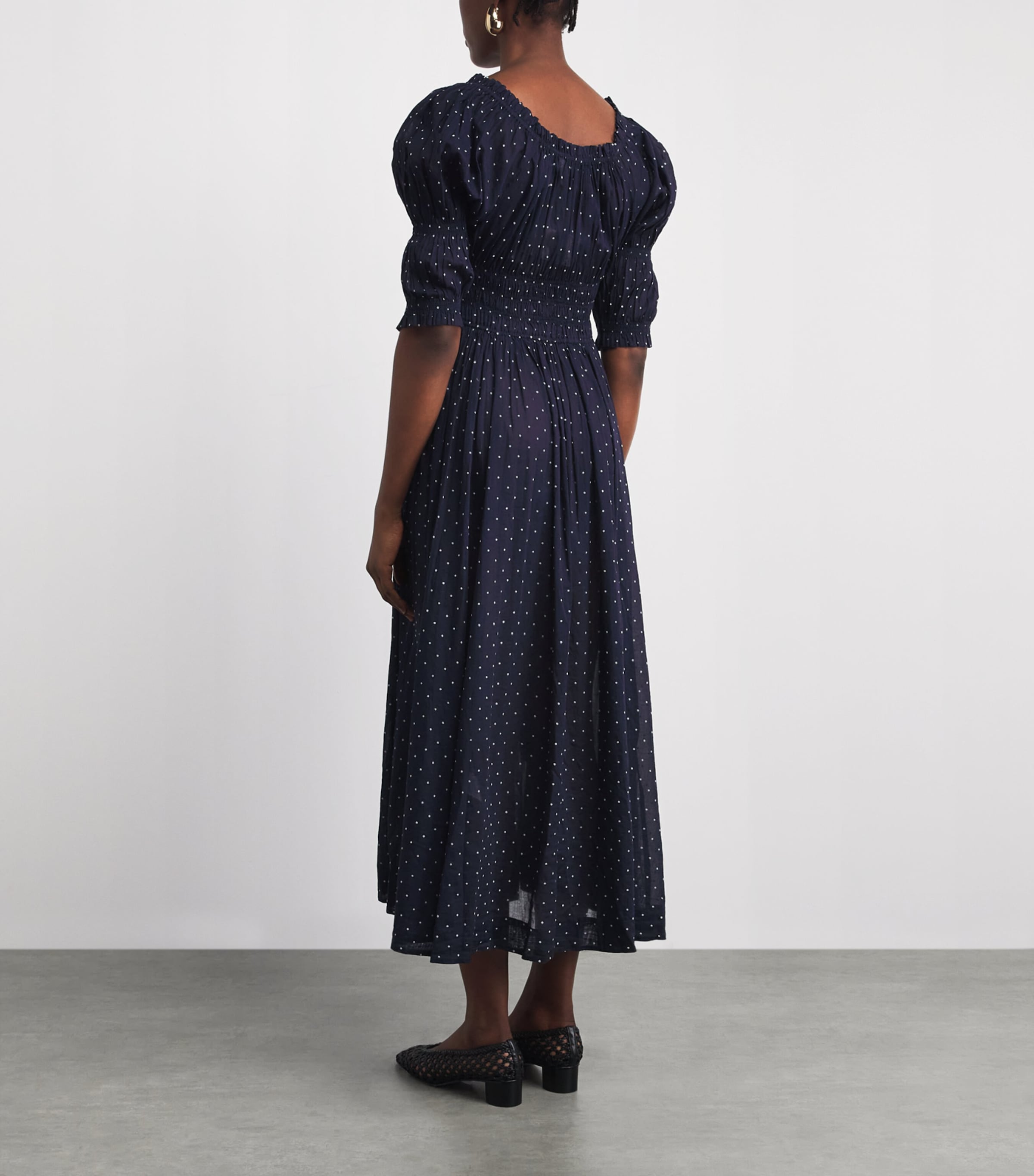 DÔEN Womens Organic Cotton Polka-Dot Ischia Maxi Dress Navy Flock Dot Image 4