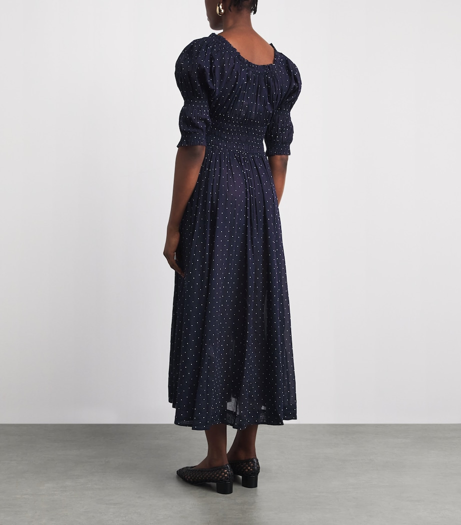 DÔEN Womens Organic Cotton Polka-Dot Ischia Maxi Dress Navy Flock Dot Image 4