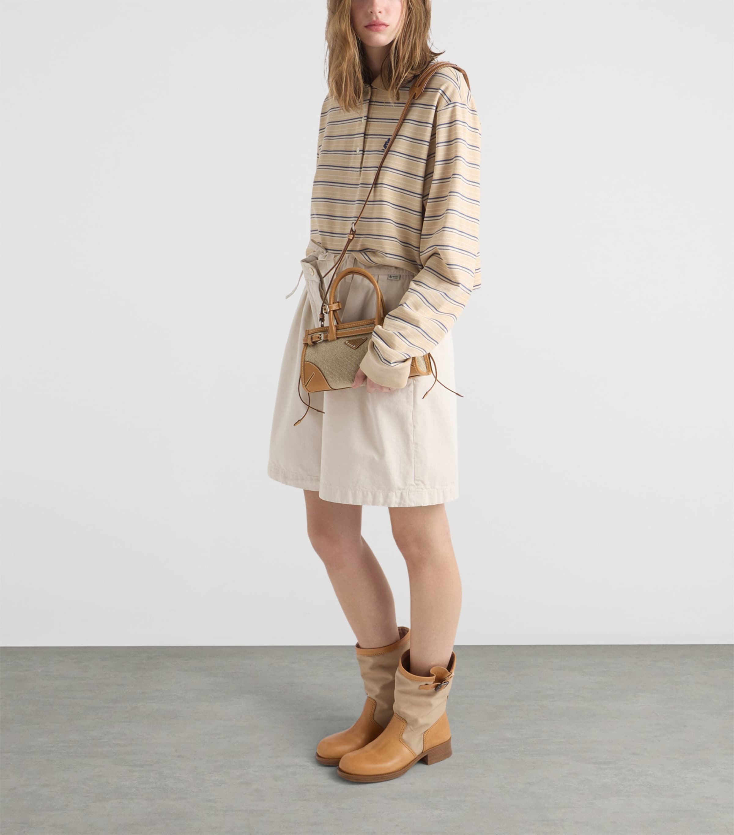 Prada Small Linen-Leather Bonnie Top-Handle Bag Neutral Image 8