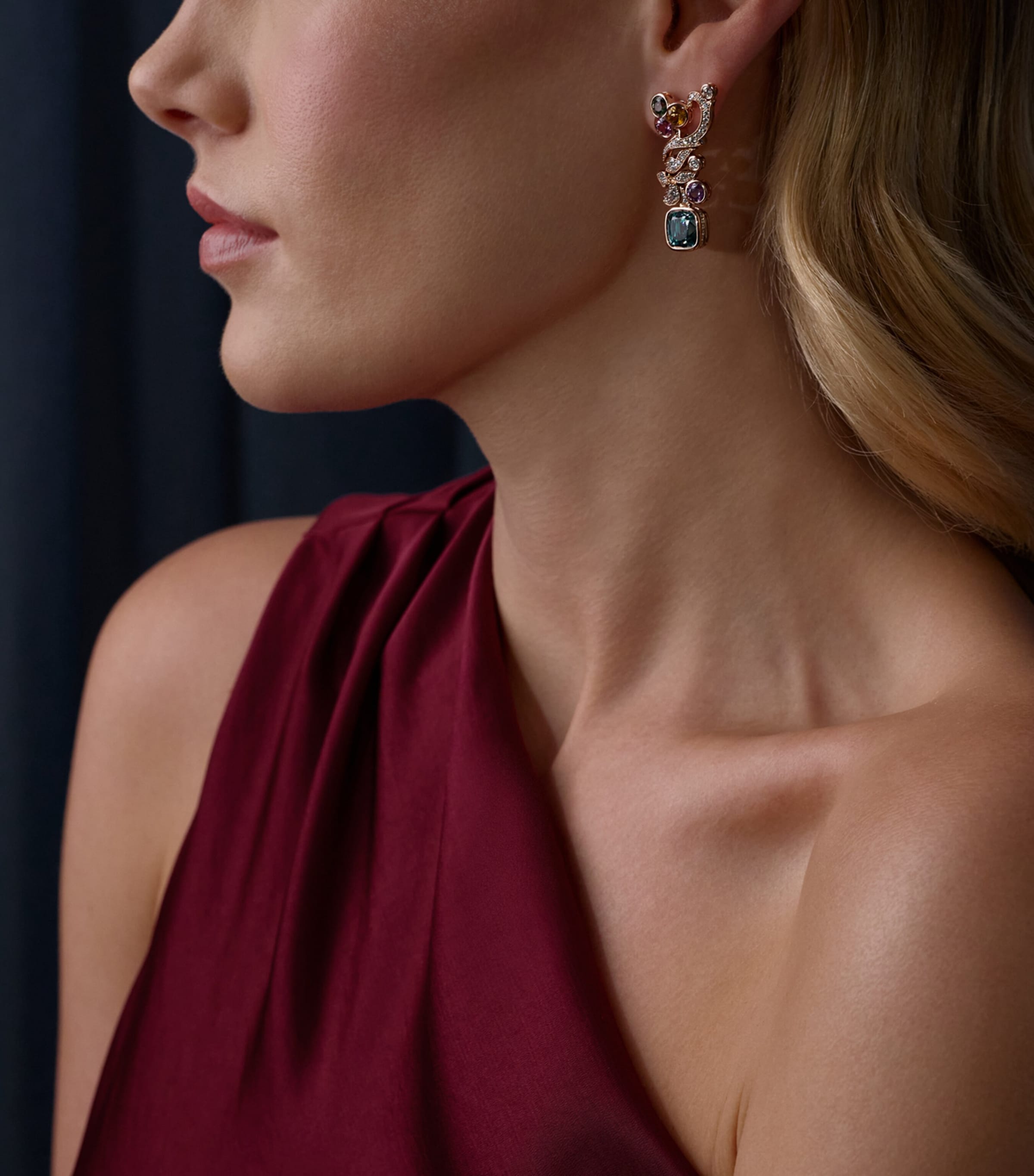 Boodles Rose Gold, Diamond, Sapphire and Zircon The Palace Collection Royal Damask Earrings Blue Image 2