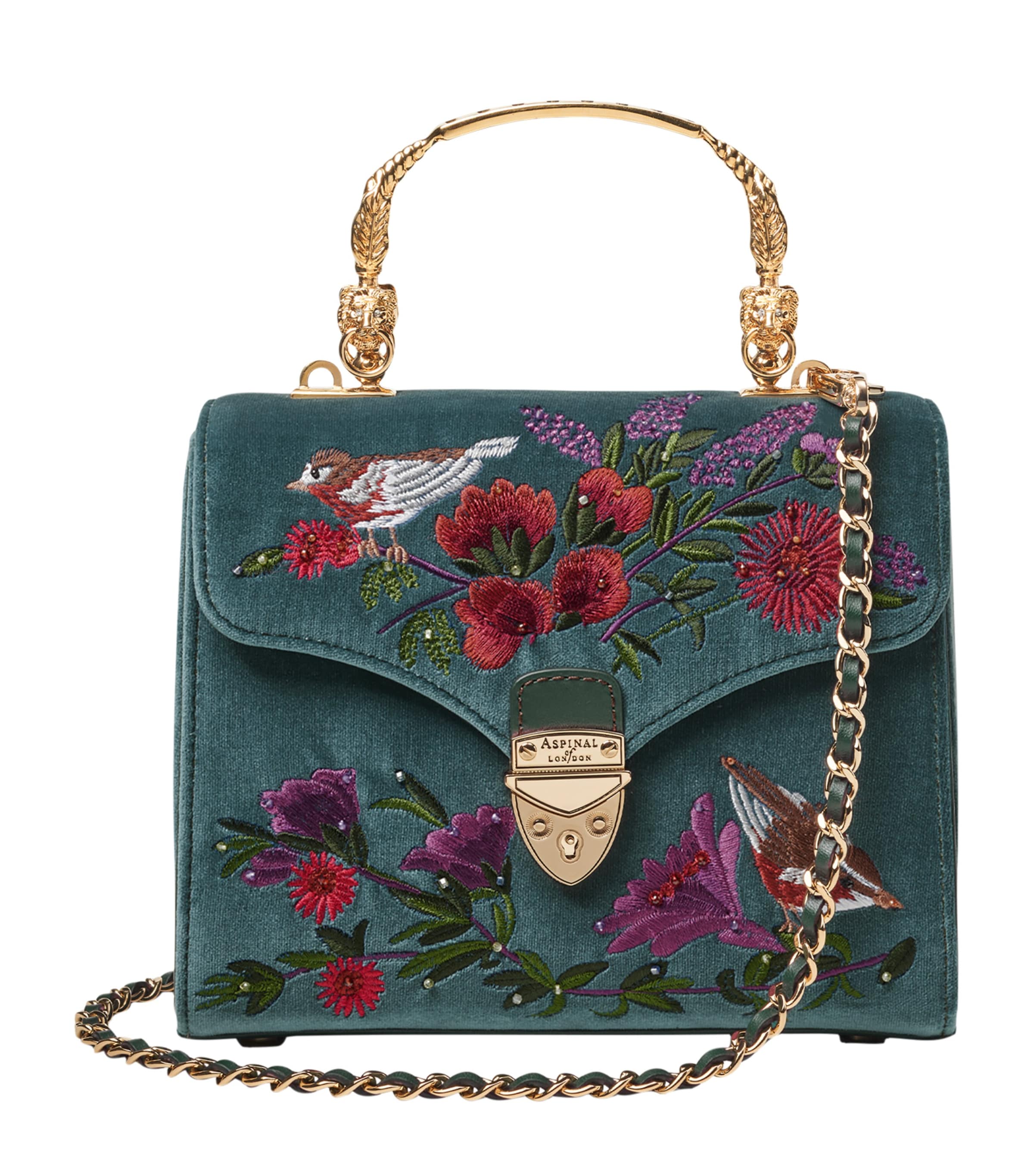 Aspinal Of London Midi Velvet Floral Embroidered Mayfair Bag In Blue