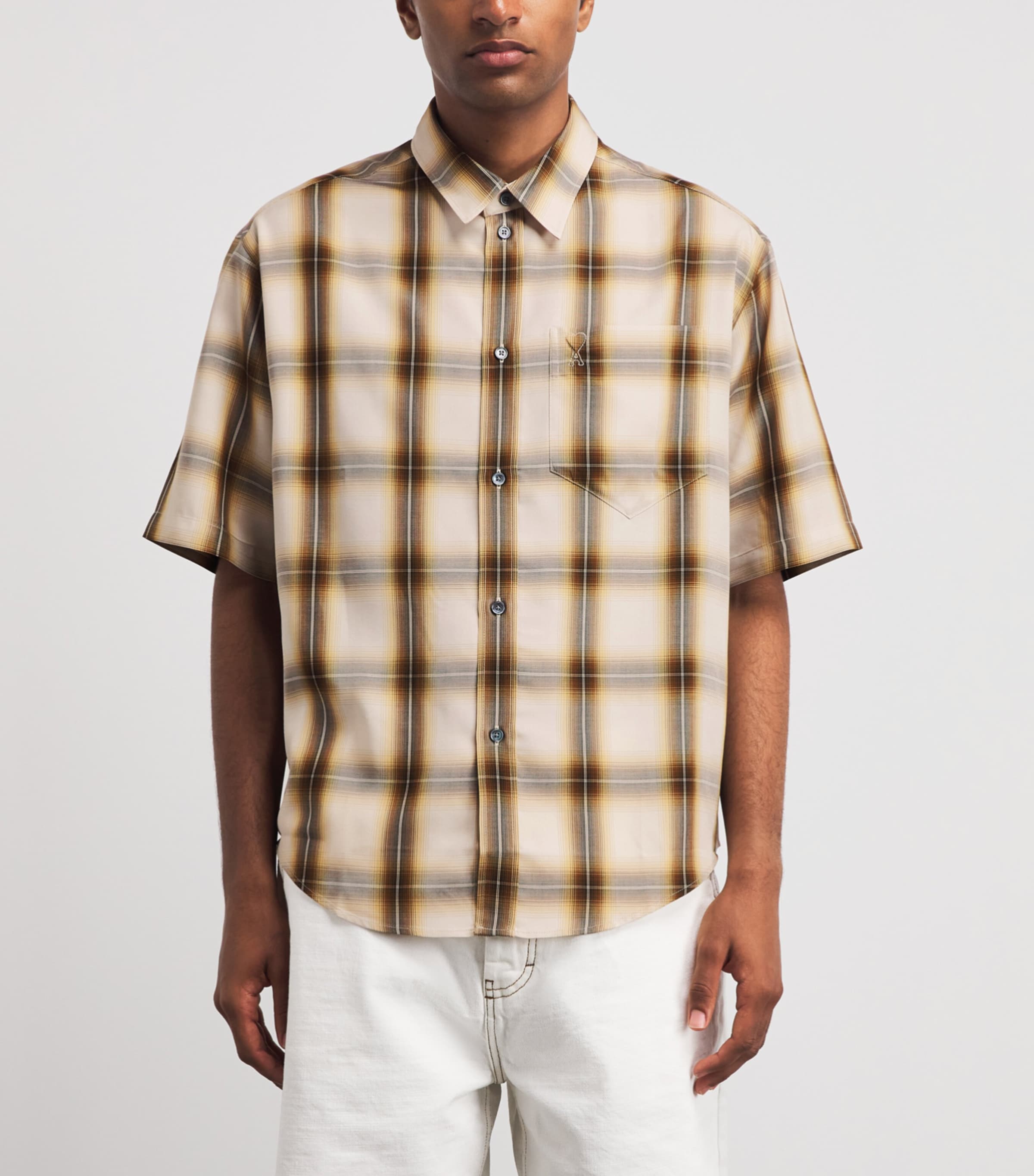 AMI Paris Mens Check Short-Sleeve Shirt Taup Beig/carml Image 4