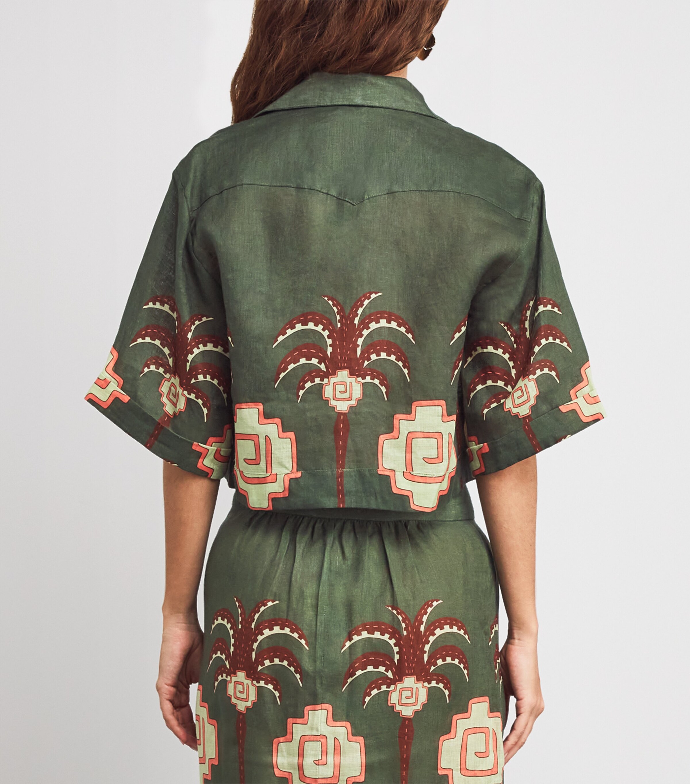 Linen Cropped Cumbi Shirt GREEN/CHOCOLATE/PINK Image 4