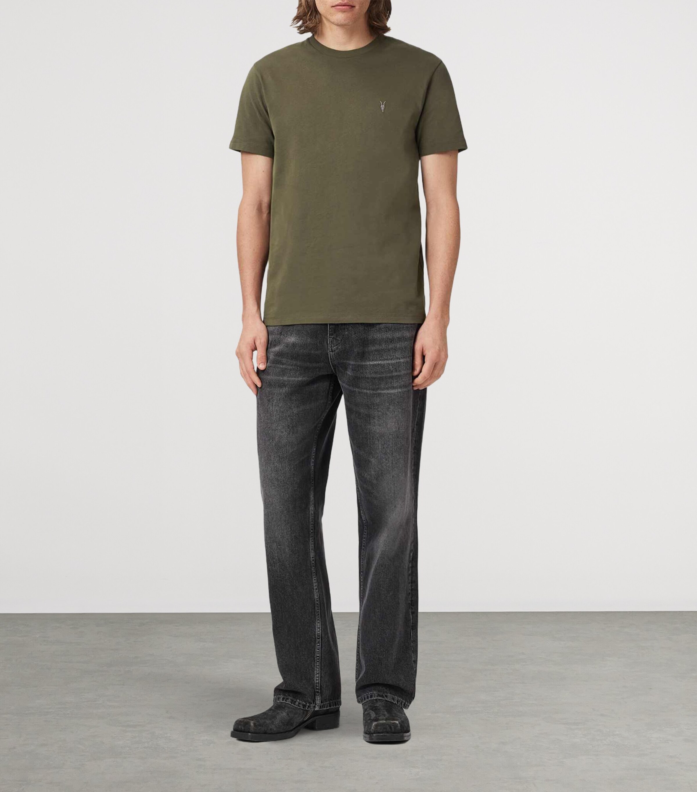 AllSaints Mens Embroidered Ramskull Dexter T-Shirt Wild Green Image 2