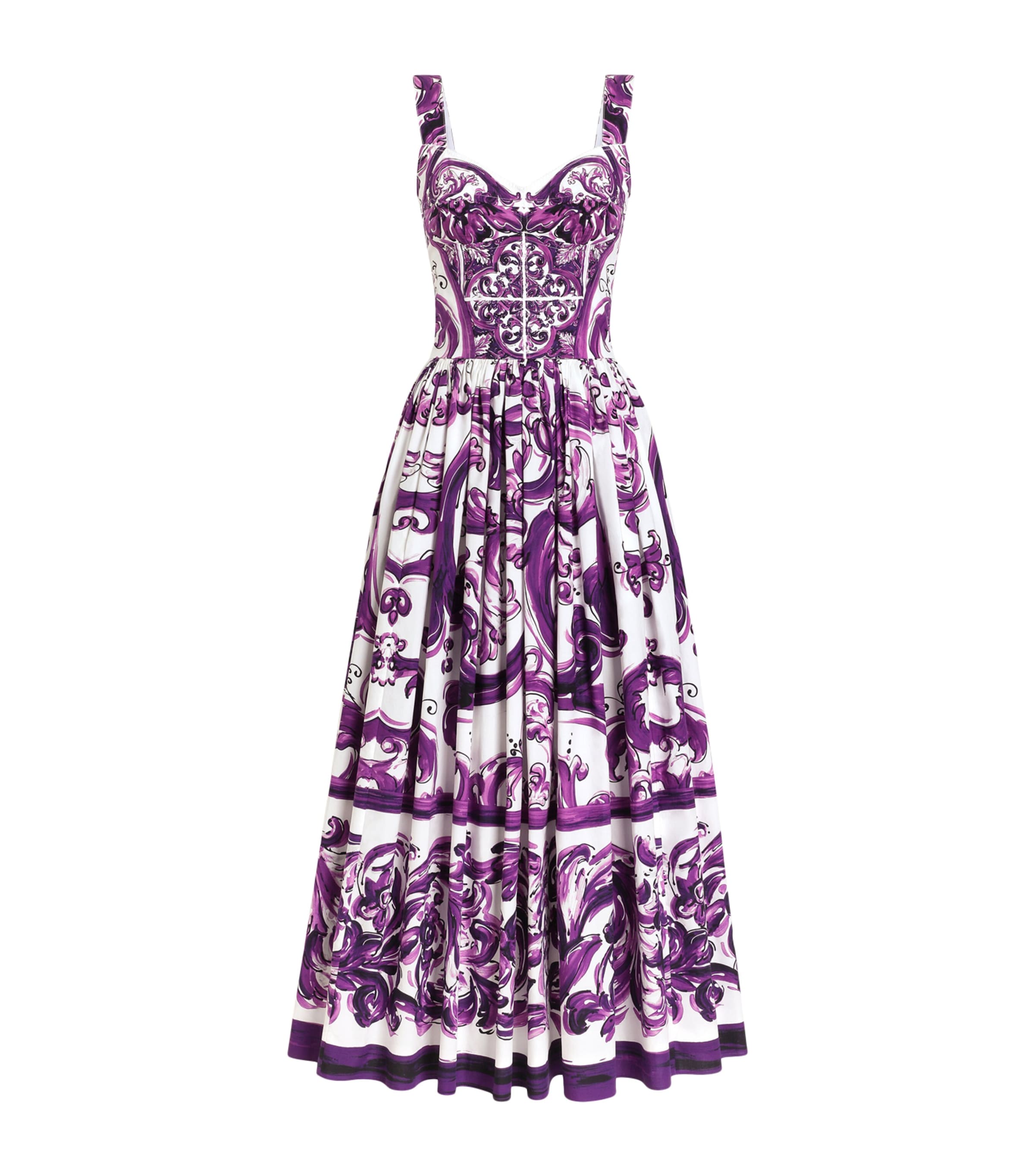 Dolce & Gabbana Women Violet Long Dress With Sweetheart Neckline And All-over Geometric Print In Cot In Purple