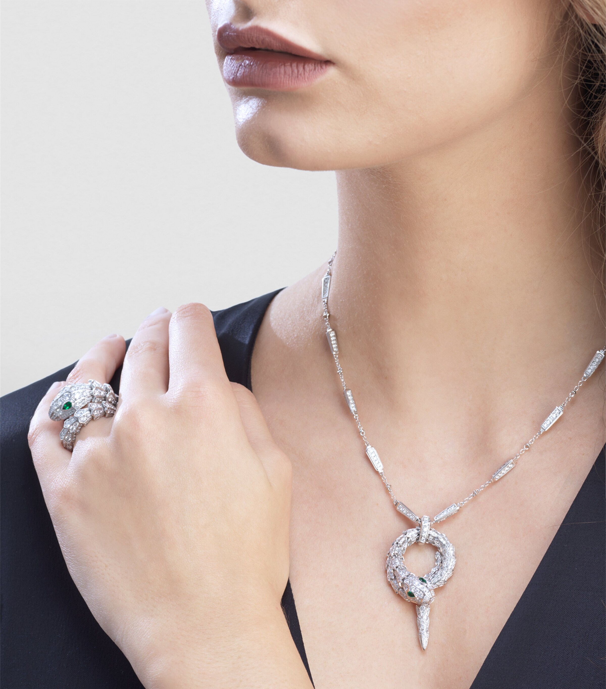 White Gold, Diamond and Emerald Serpenti Ring WHITE GOLD Image 5