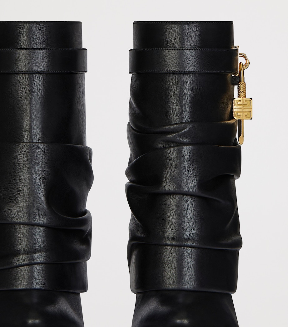 Leather Scrunched Shark Lock Heeled Ankle Boots 100 BLACK Image 6