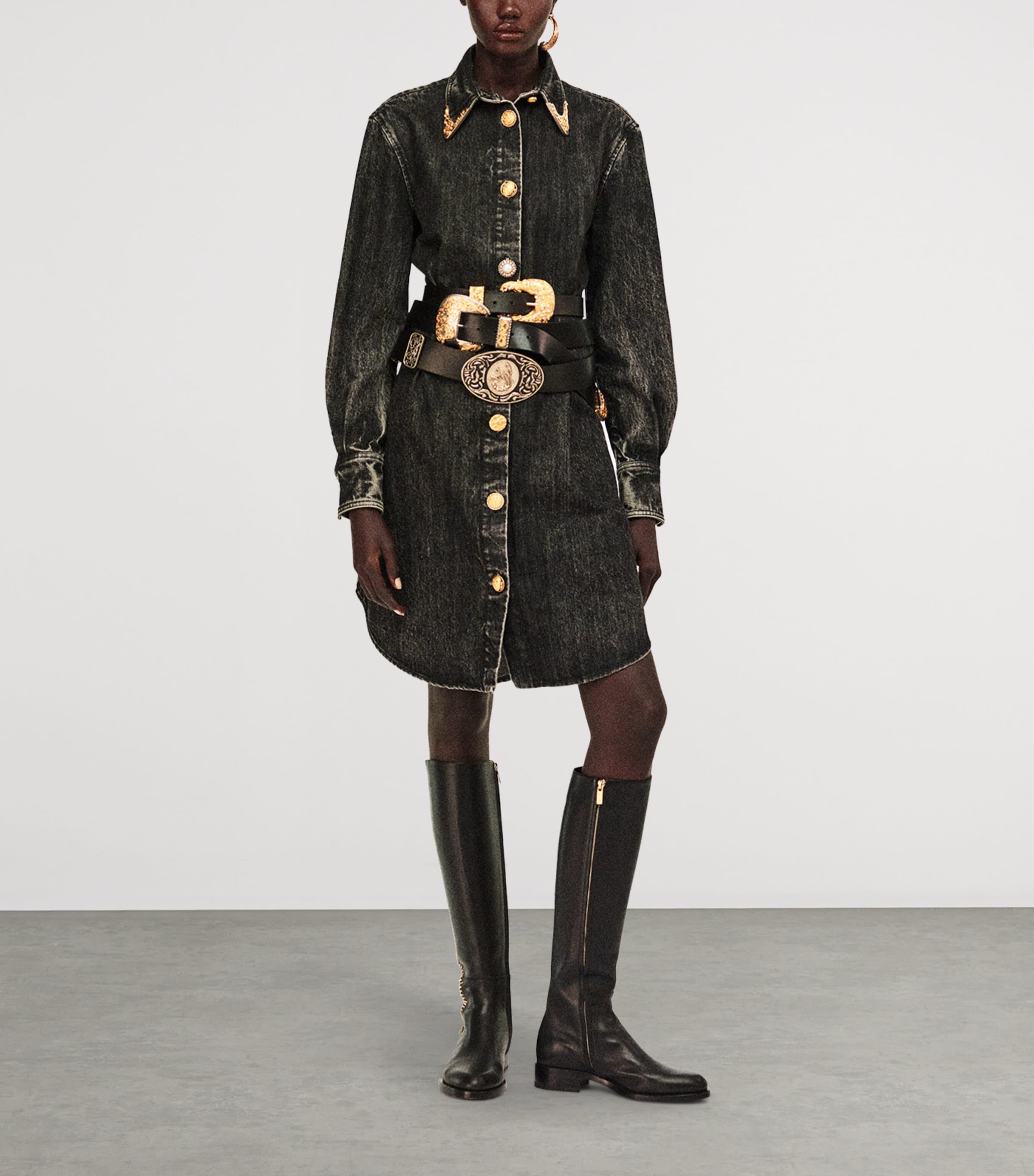 Leather Measuring Tape Knee-High Boots 999 BLACK Image 2