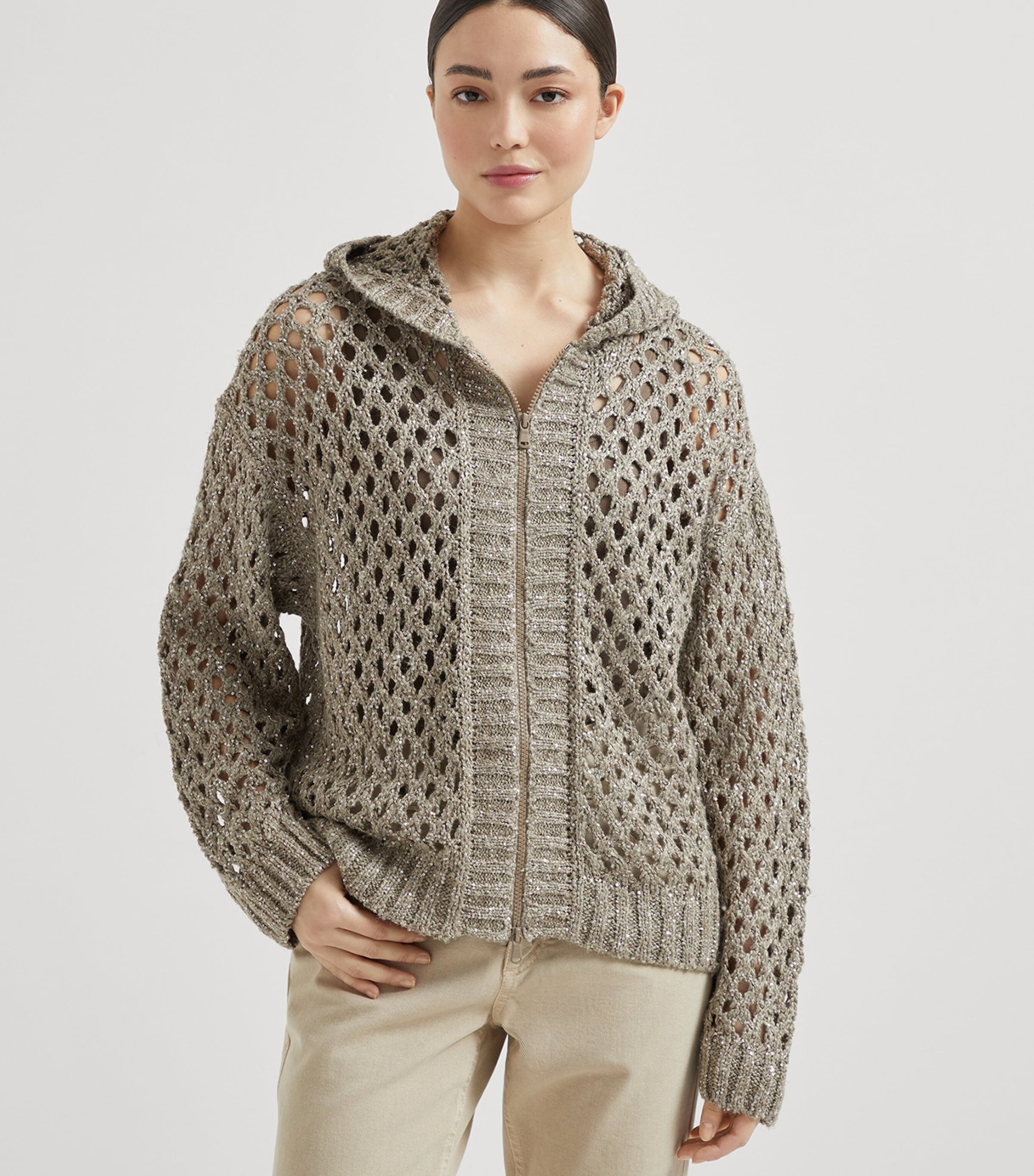 Brunello Cucinelli Womens Dazzling Netted Hooded Cardigan Image 3