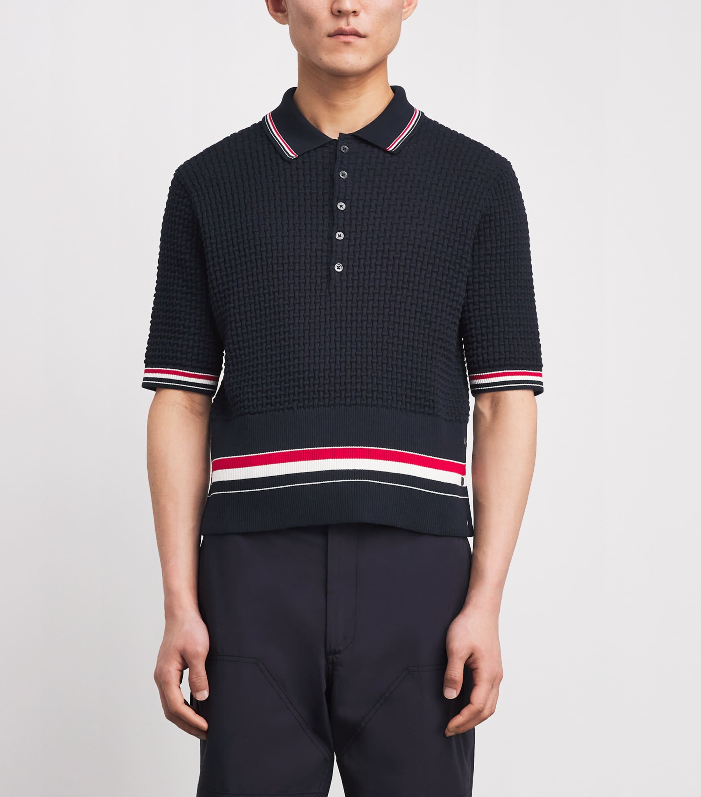Thom Browne Mens Cotton Ripple-Stitch Polo Shirt Navy Image 4