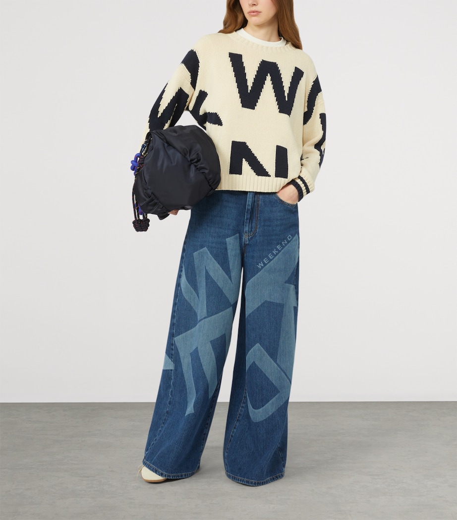 Weekend Max Mara Womens Logo-Printed Authentic Wide-Leg Jeans Navy Image 2