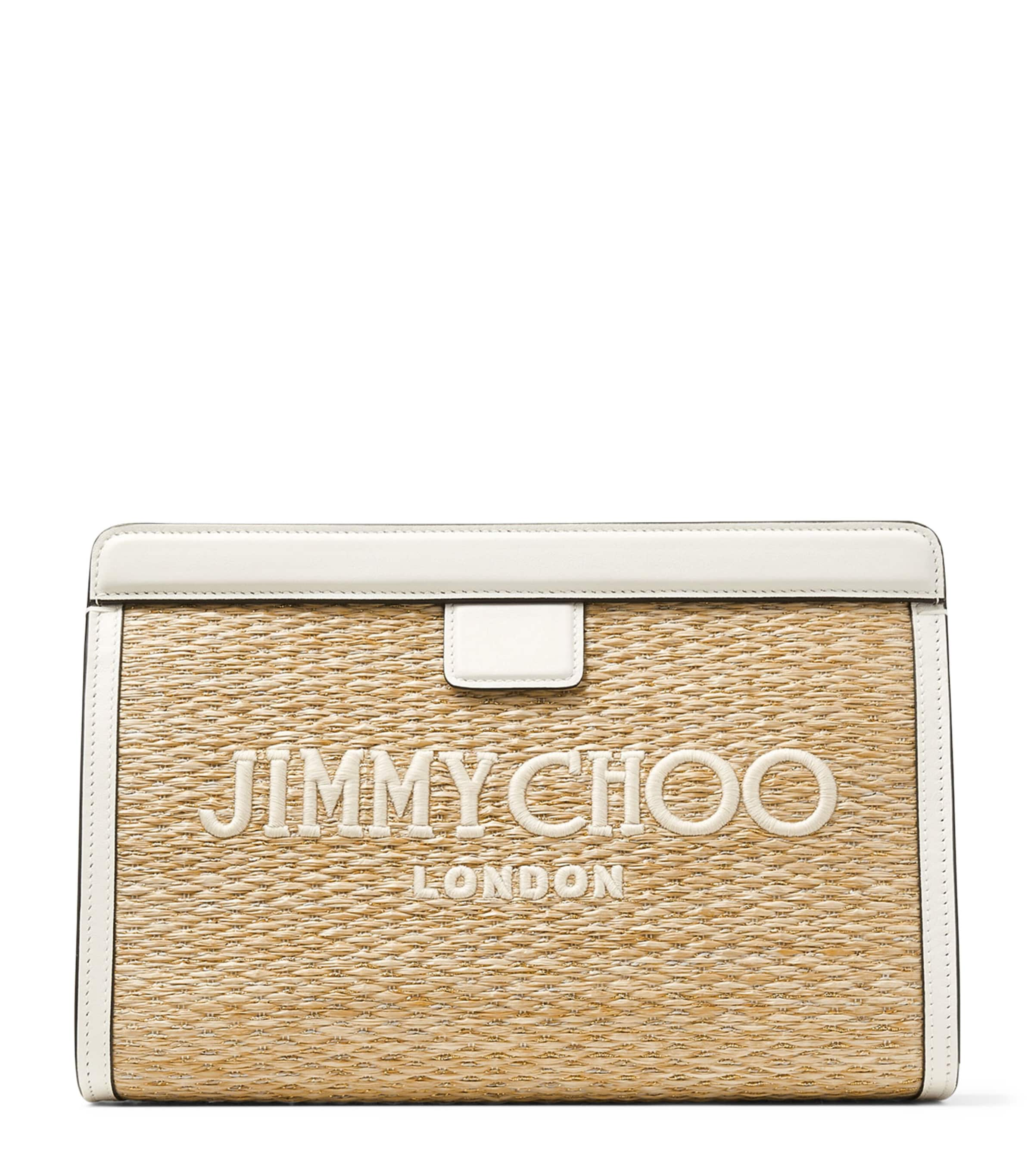 Jimmy Choo Raffia Leather-trim Avenue Pouch In Neutral